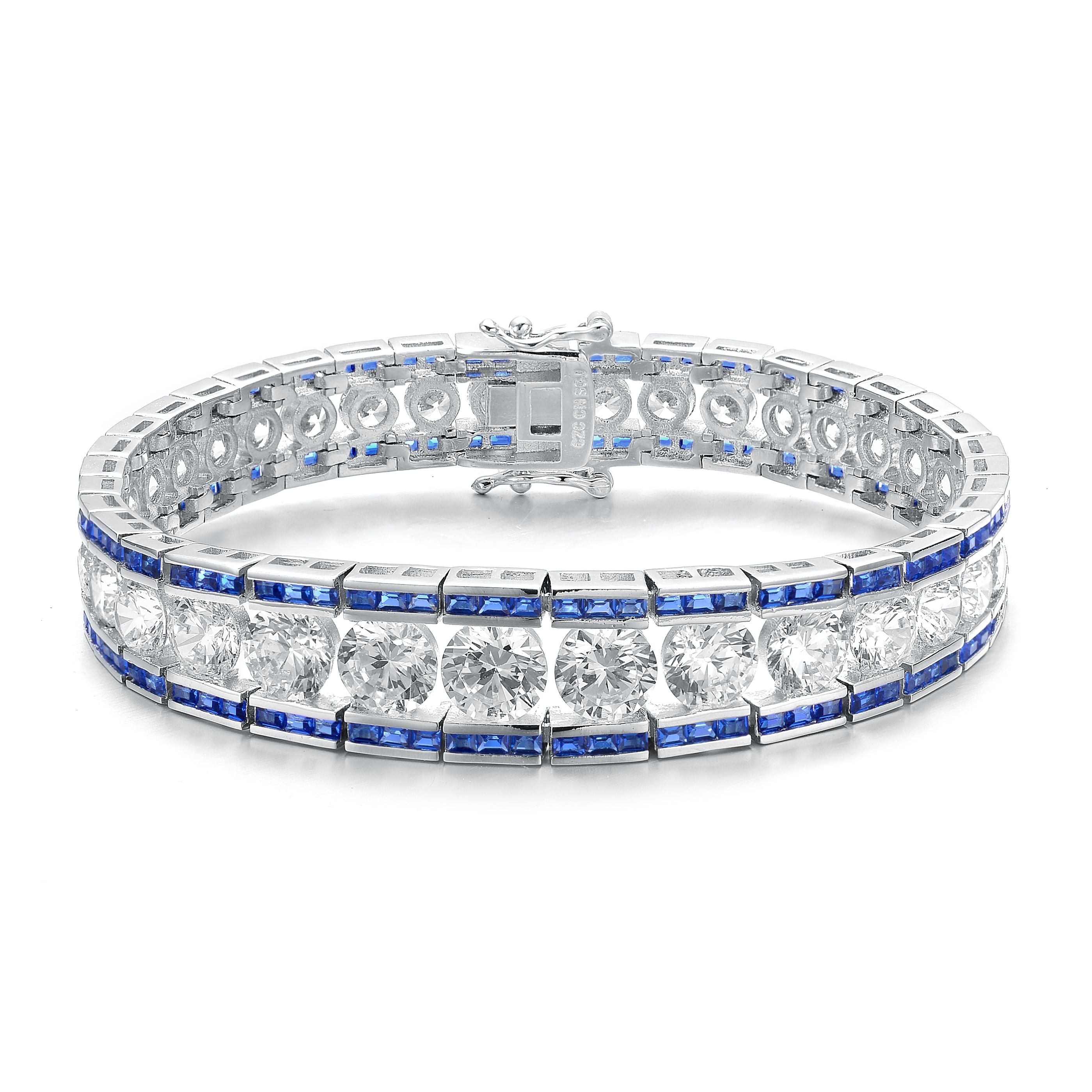 Women’s Silver / Blue / White Sterling Silver Clear Round & Blue Baguette Cubic Zirconia Link Bracelet Genevive Jewelry