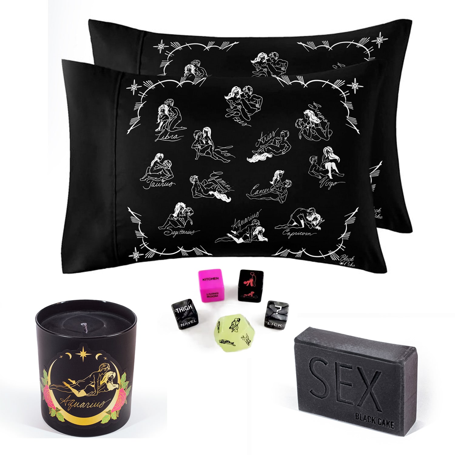 Black Cake Black Aquarius Pleasure Pack- Zodiac Horoscope Love Pillowcase, Soap, Dice, Candle Set In Black
