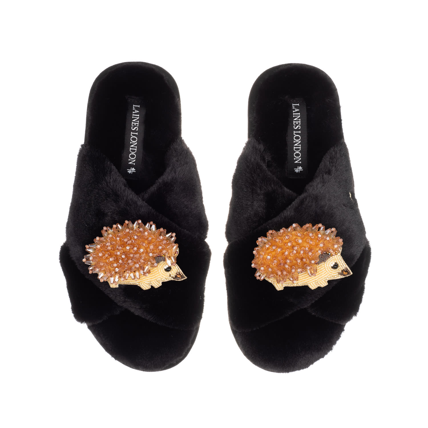 Laines London Women's Classic Laines Slippers With Double Hedgehog Brooches - Black In Black