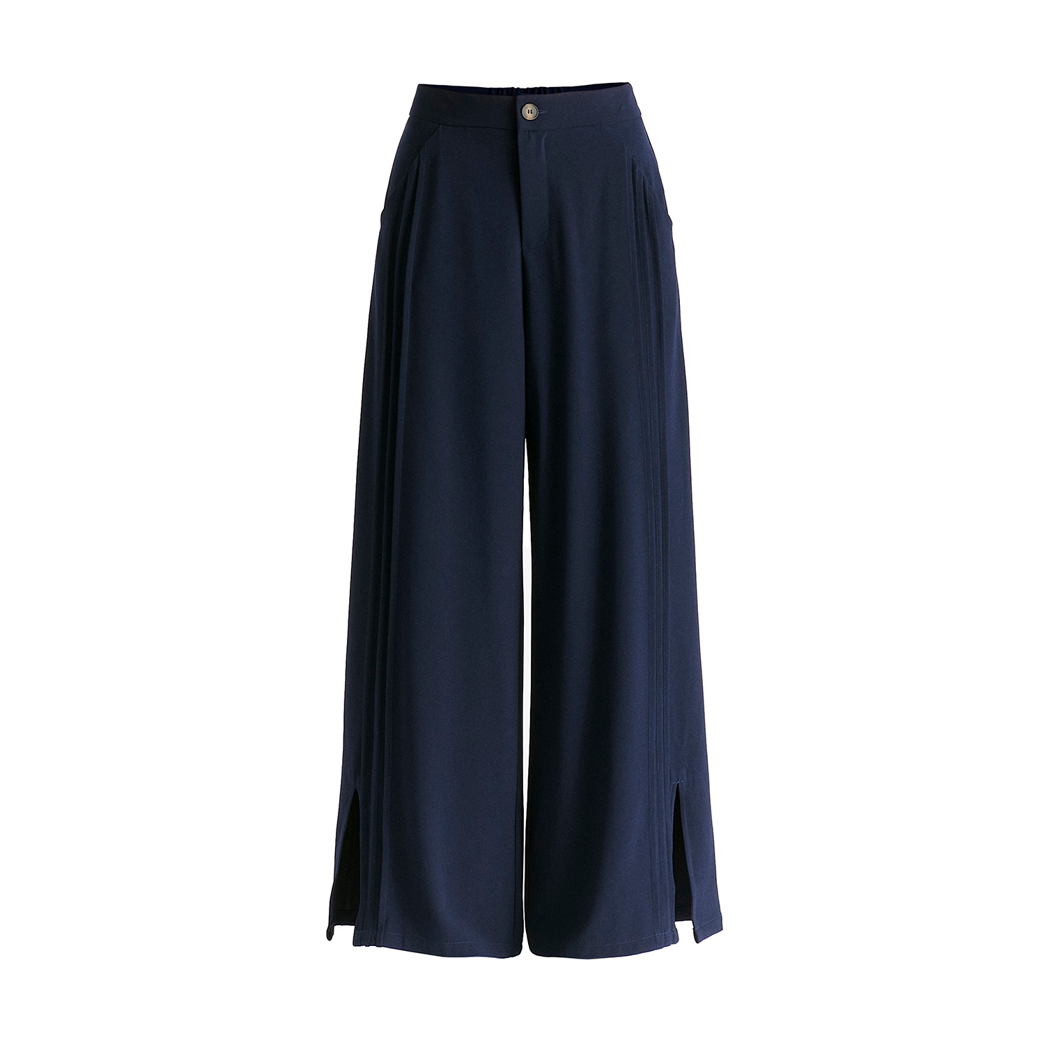 Paisie Women's Blue Wide Leg Trousers With Side Pleats And Split Hem In Navy In Blue