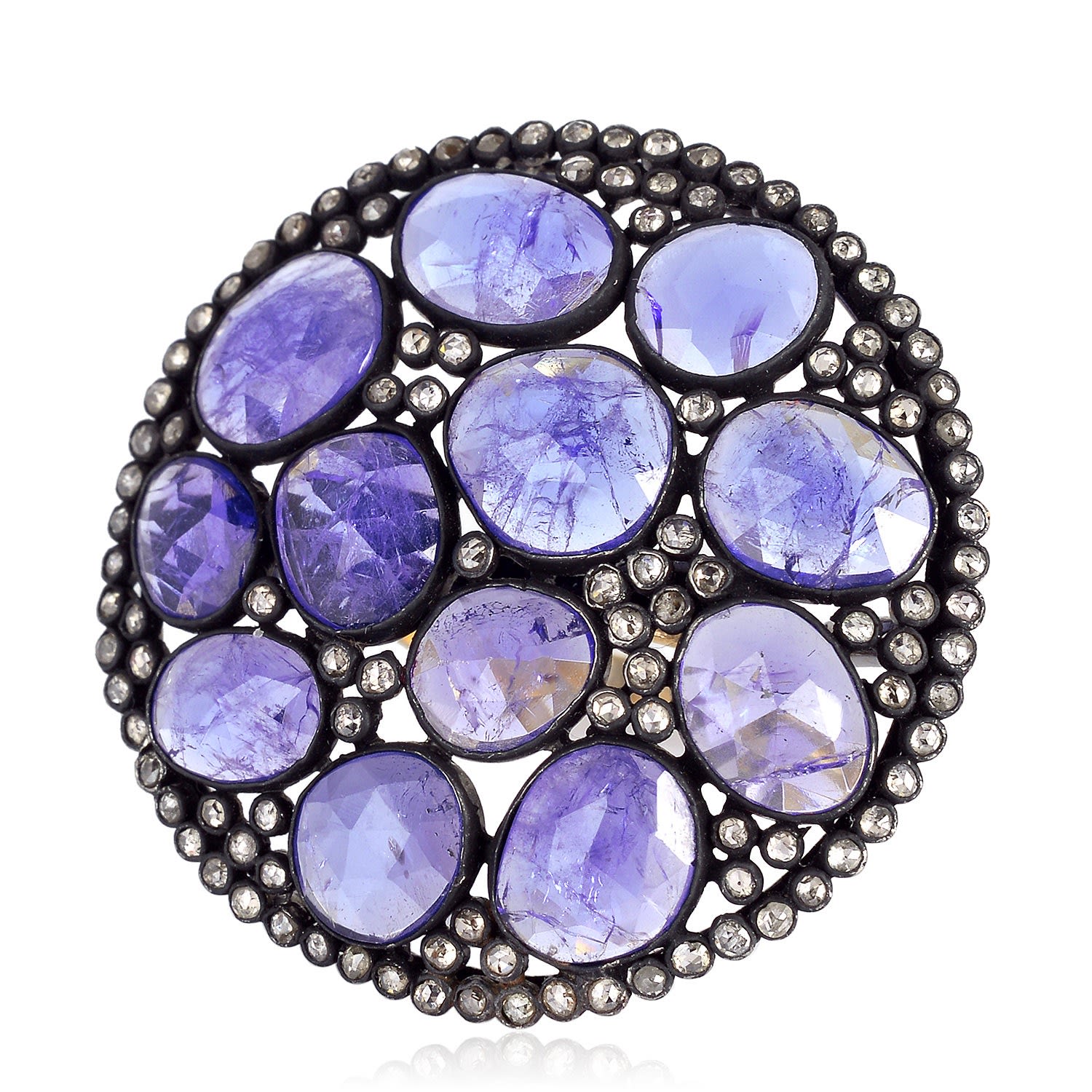 Artisan Women's Blue / White / Gold Bezel Tanzanite & Diamond In 14k Gold With Sterling Silver Ring In Purple