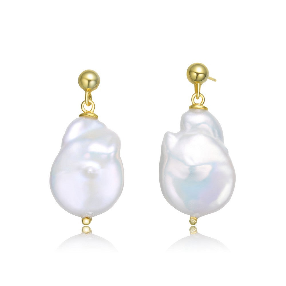 Genevive Jewelry Women's Gold / White Classic Sterling Silver Gold Plated Freshwater Pearl Dangling Earrings In Multi