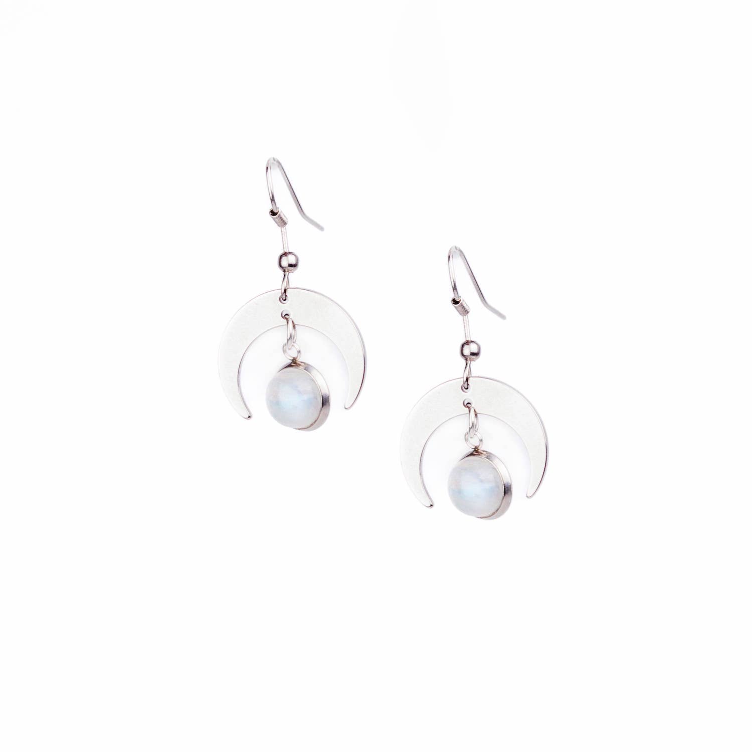 Solistial Women's Silver / White Moonshadow Rainbow Moonstone Dainty Crescent Moon Dangle Earrings Silver