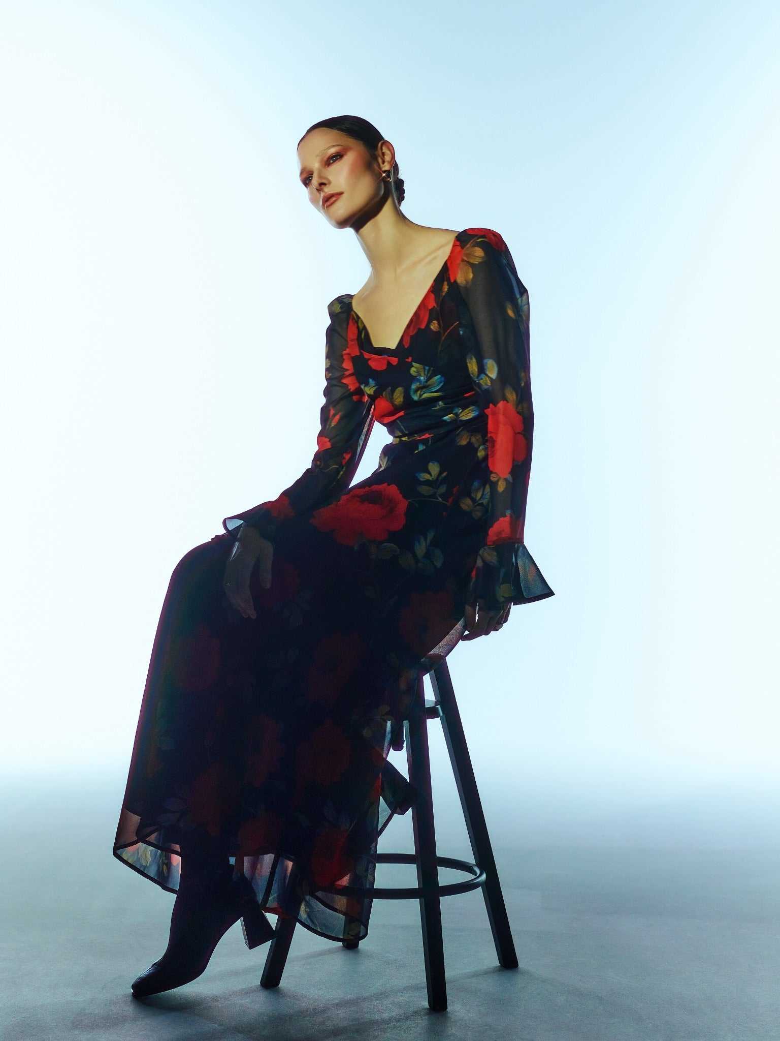 Floral Long-Sleeve Maxi Dress In Midnight Rose Black | SOUR FIGS 