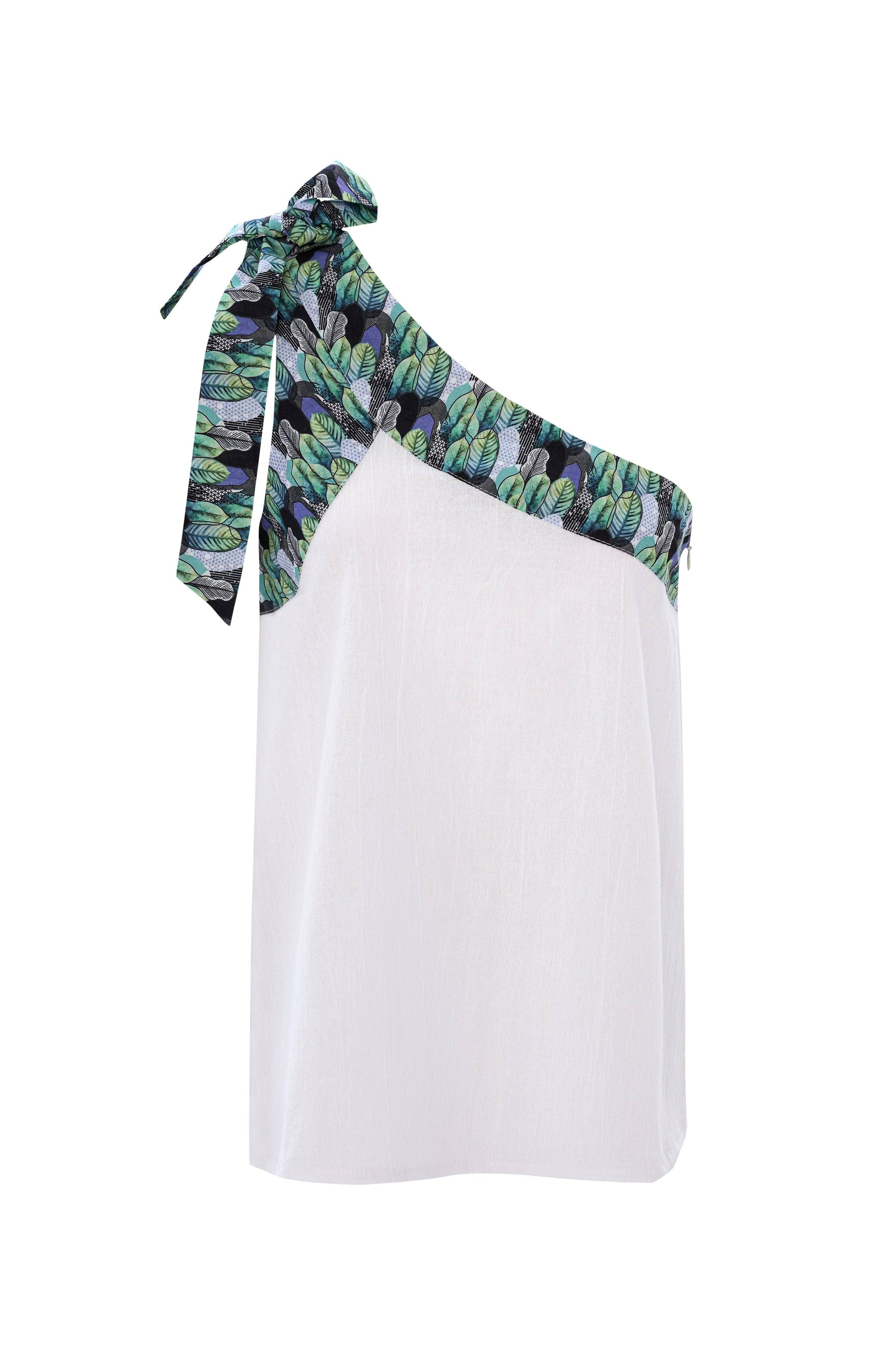 Unexpectedone Put A Bow On It - Leaves - Women's Natural Fabric One Shoulder Top In Multi