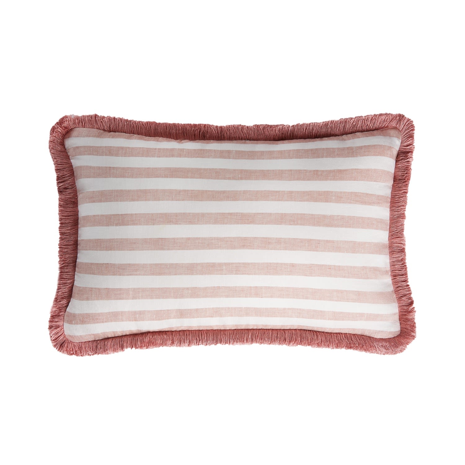 Pink / Purple Happy Linen Pillow Striped White Light Pink With Light Pink Fringes Lo Decor