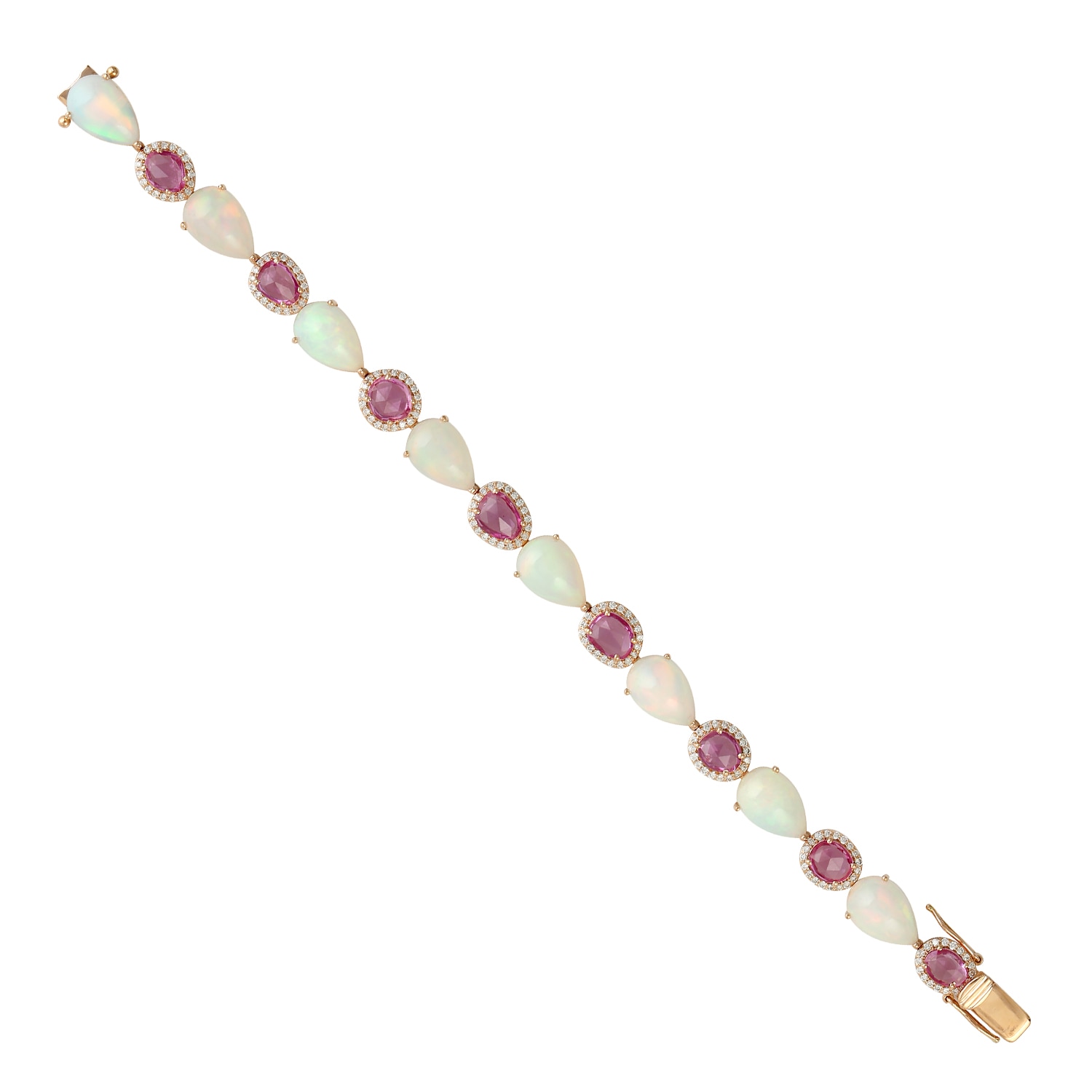 Women’s Pink / Purple / White Pear Shape Ethiopian Opal & Oval Cut Pink Sapphire Pave Diamond In Yellow Gold Bracelet Artisan