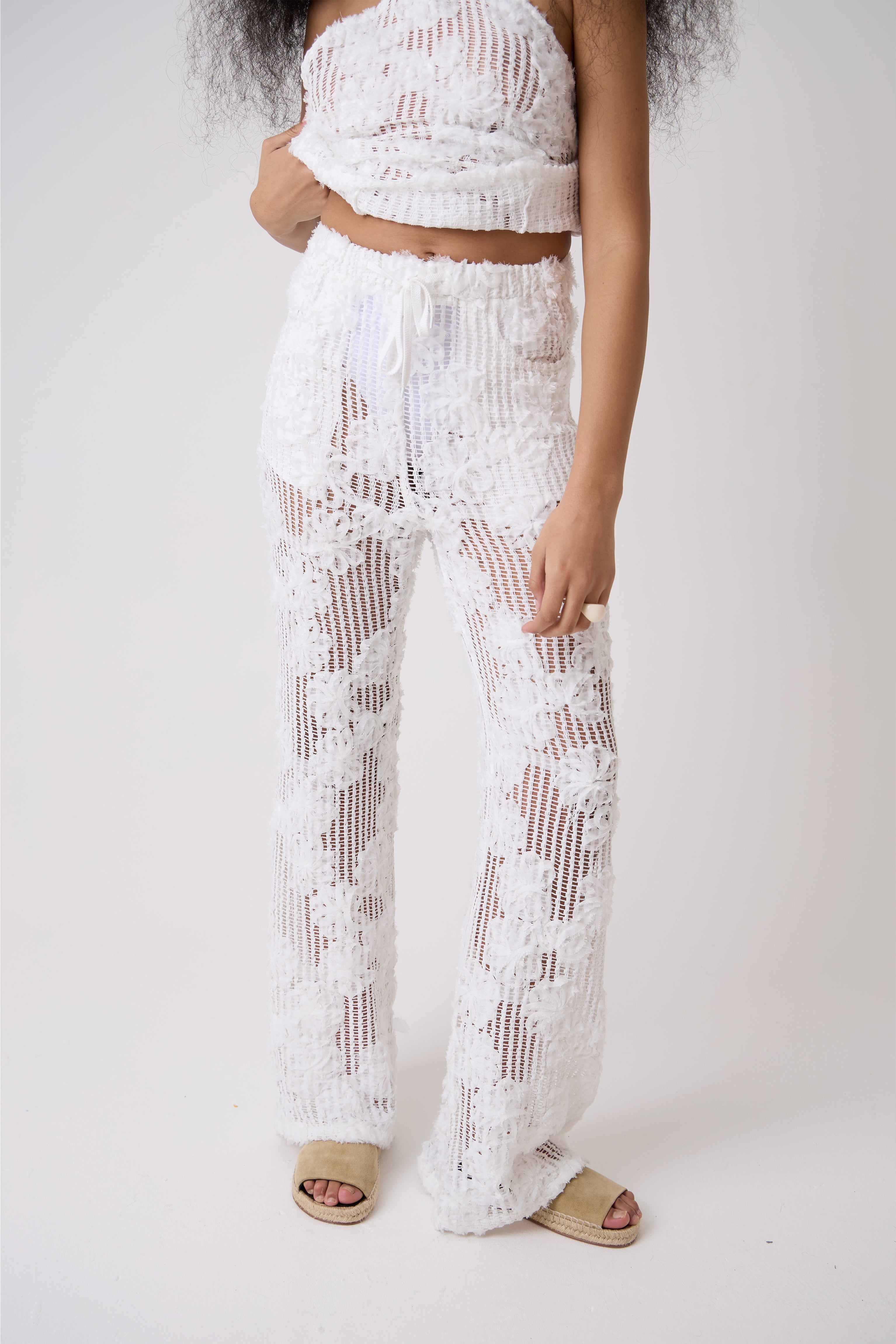 Cici White Crochet Floral Lace Wide Leg Trouser | AMY LYNN | Wolf