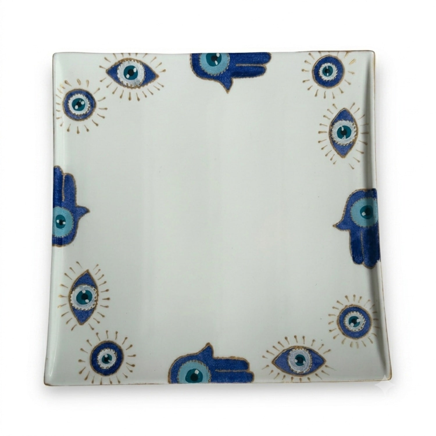 Casa Duniya White Hand-painted Evil Eye Square Karima Serving Platter