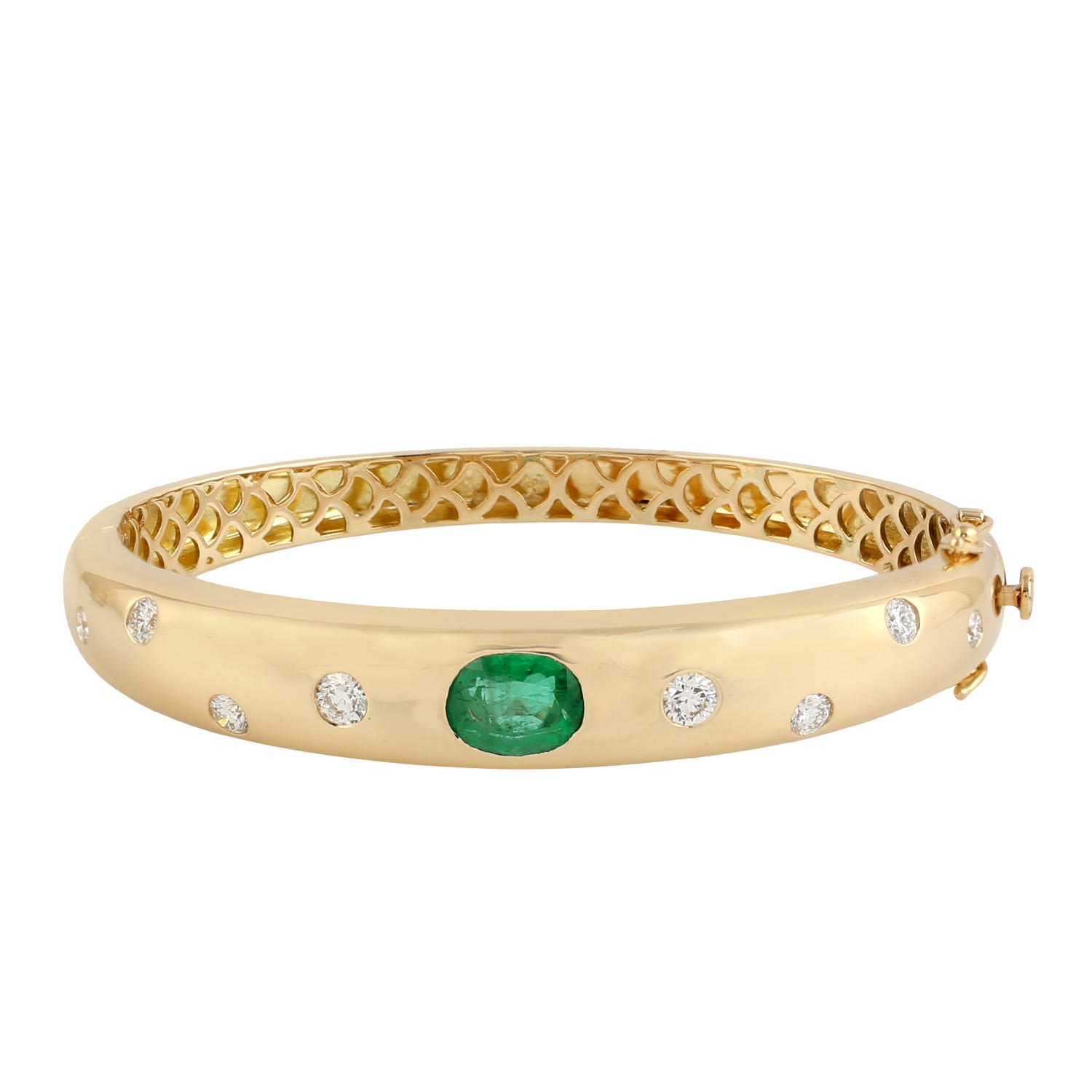 Women’s Green / Gold / White 18K Yellow Gold Genuine Diamond Natural Emerald Bangle Handmade Jewelry Artisan