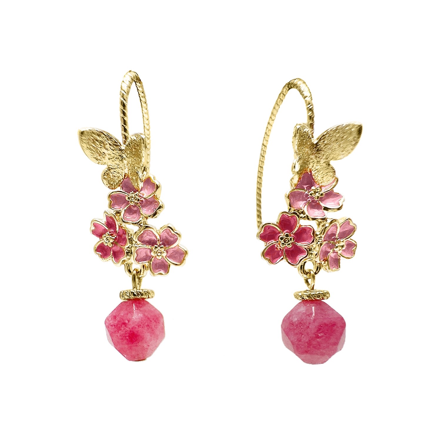 Farra Women's Glazed Flower With Pink Gemstone Dangle Earrings In Pink