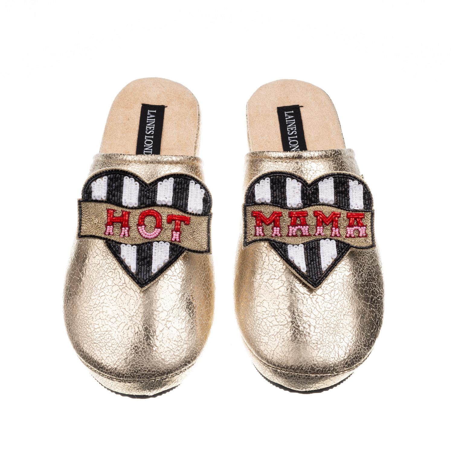 Laines London Women's  Gold Softie Slippers With Mother's Day Hot Mama Brooches In Gold