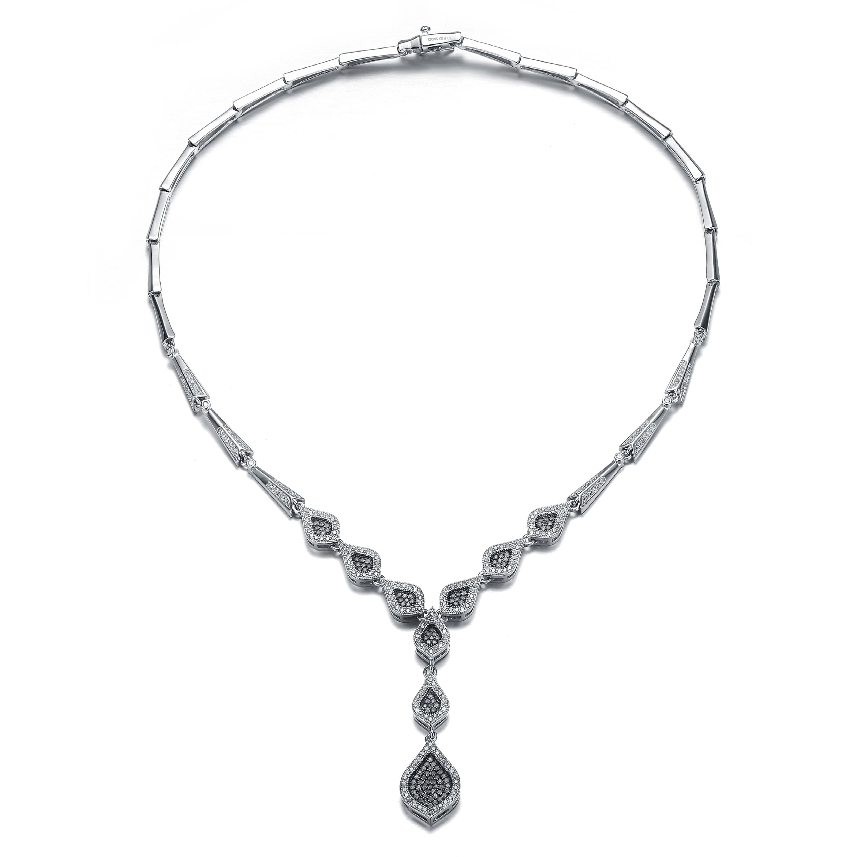 Genevive Jewelry Women's Black / White Sterling Silver Black Plated With Cubic Zirconia Trio Drop Necklace In Multi