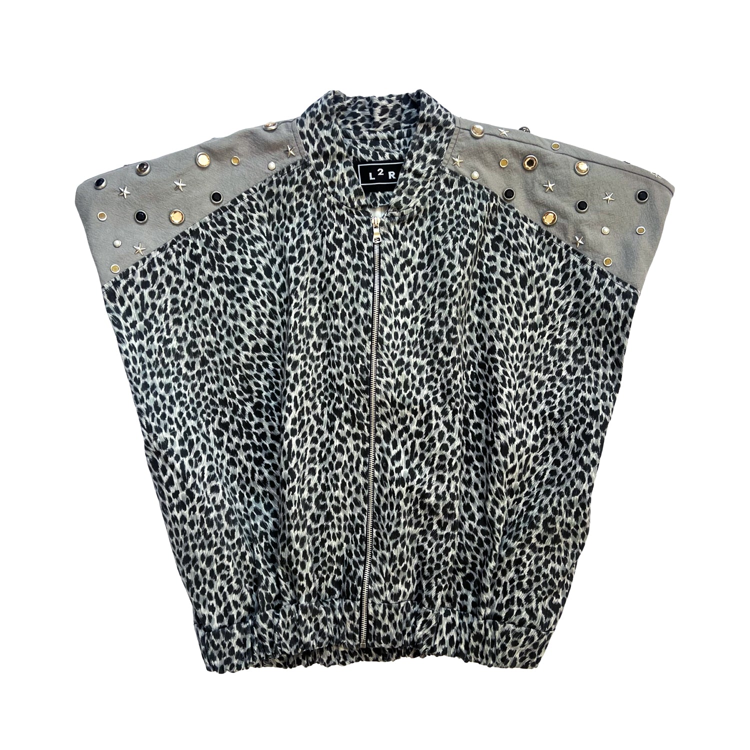 L2r The Label Women's Studded Sleeveless Bomber Jacket In Printed Grey In Gray