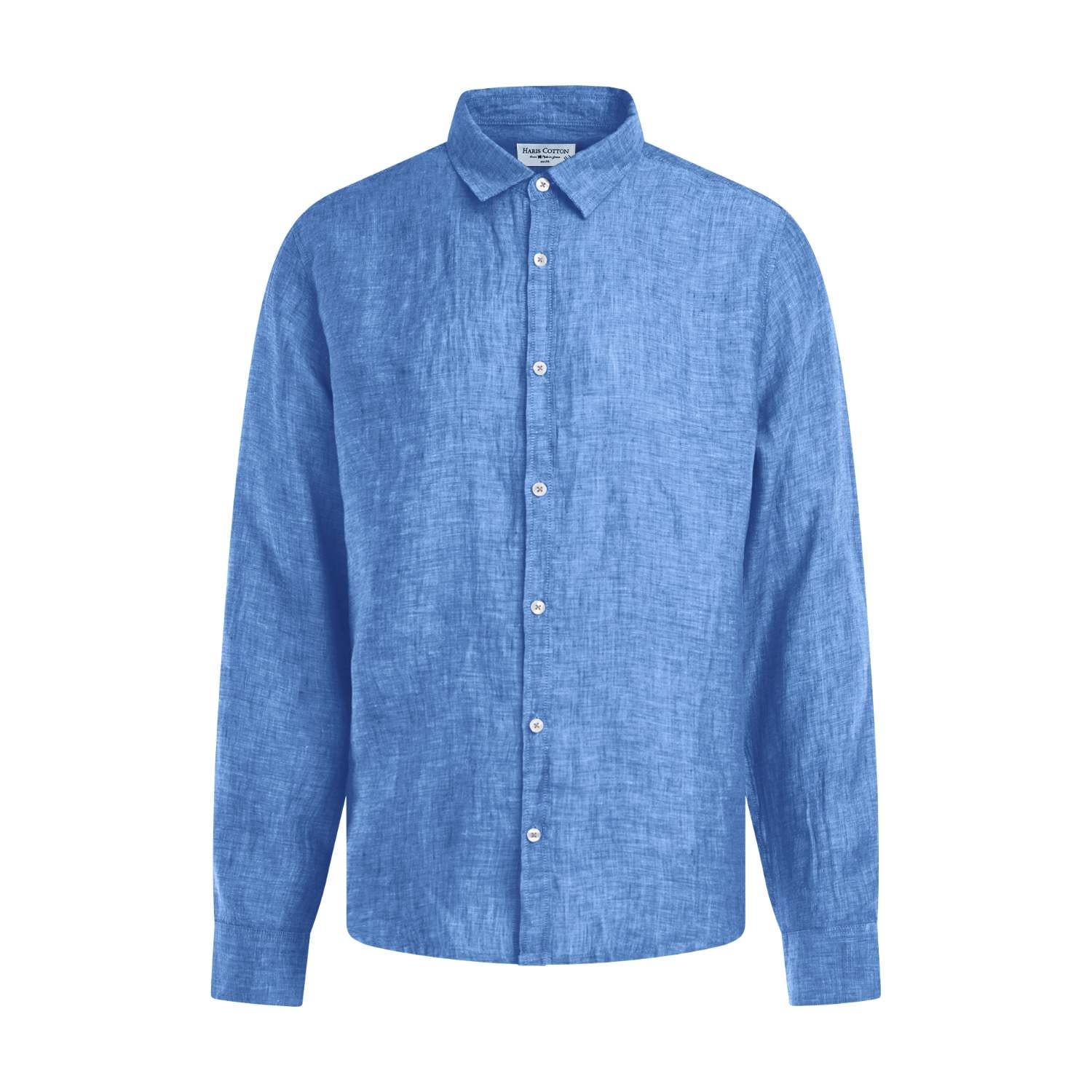 Haris Cotton Men's Blue Linen Melange Basic Long-sleeved Shirt - Cobalt Melange In Blue