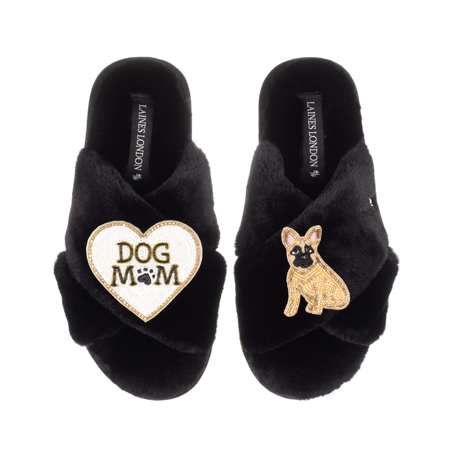Laines London Women's Classic Laines Slippers With Dog Mum/mom & Fawn Sitting French Bulldog Brooches - Black In Black
