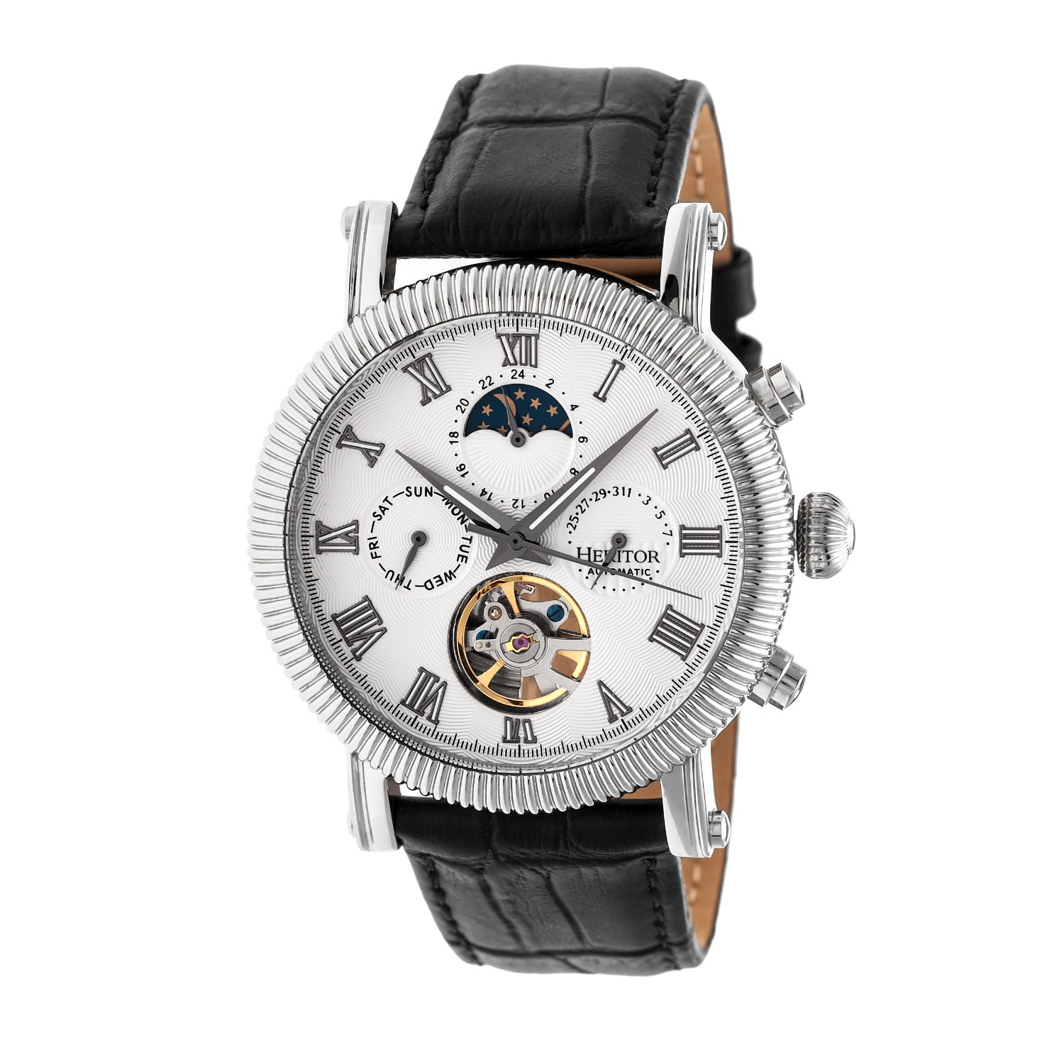 Heritor Automatic Men's White / Silver Winston Semi-skeleton Leather-band Watch With Day And Date - Silver, White In White/silver