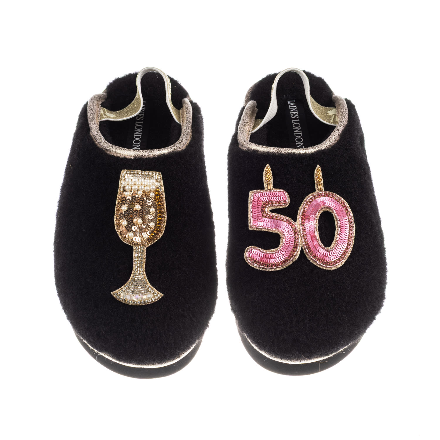 Laines London Women's Black / Gold Flatform Cloud Slippers With 50th Birthday & Champagne Glass Brooches - Black In Black