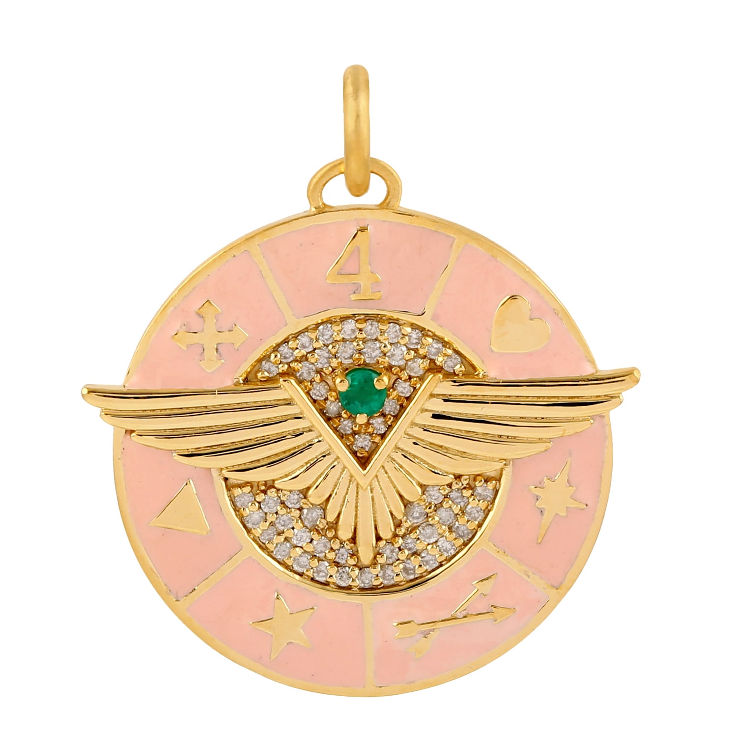 Women’s Gold / White / Green 14K Solid Gold Natural Emerald Diamond Angel Wing Pendant Artisan