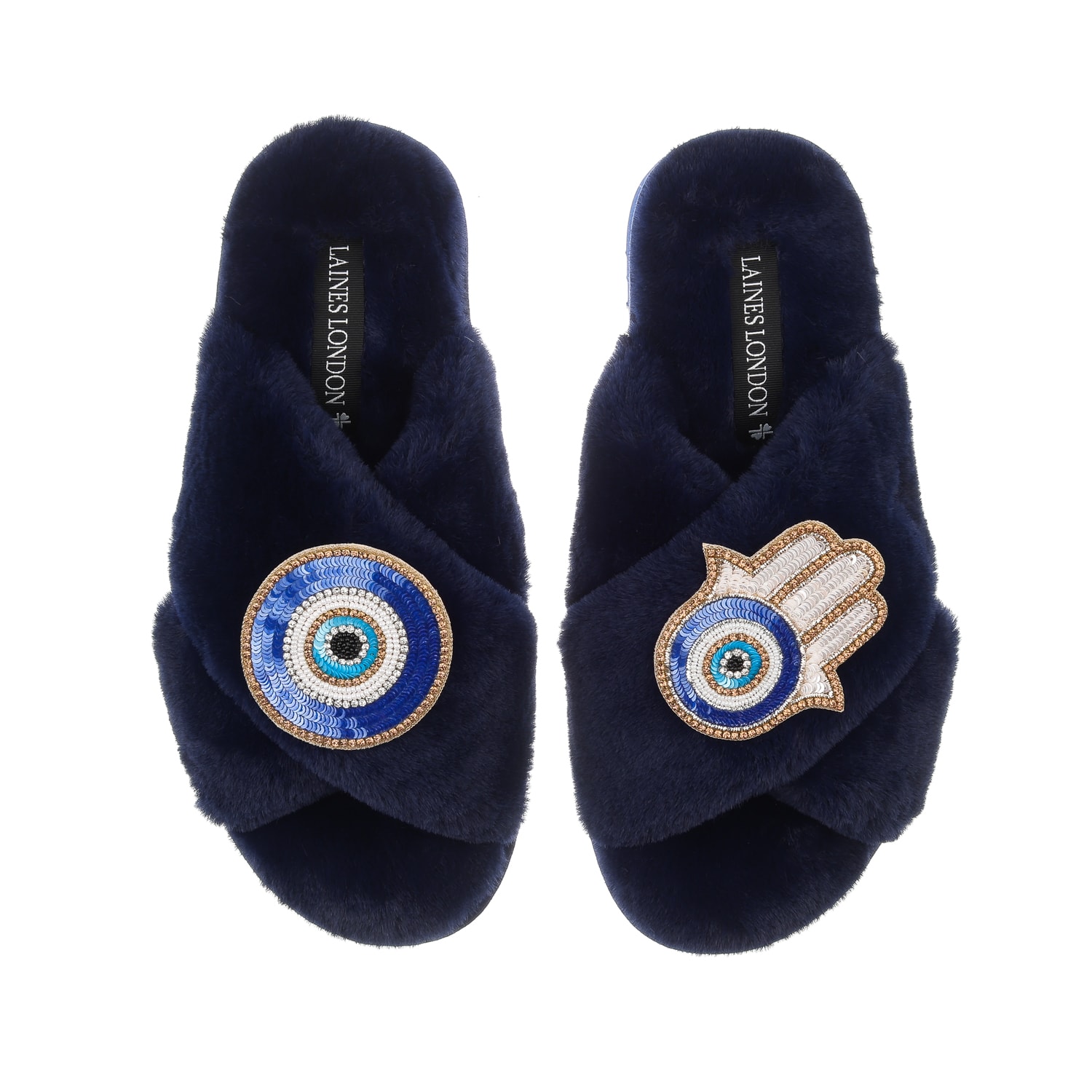 Laines London Women's Blue Classic Laines Slippers With Evil Eye & Hamsa Hand Brooches - Navy In Blue