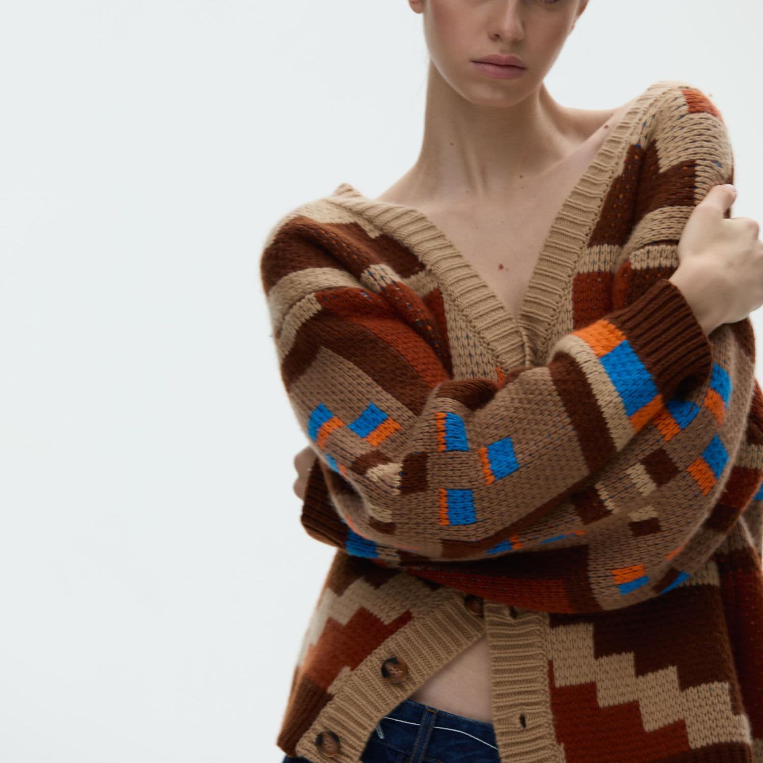 Multi-Color Geometric Pattern Knit Button Cardigan | Born In Exile