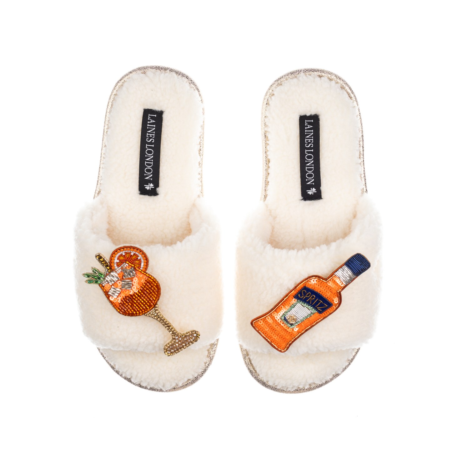 Laines London Women's White Teddy Towelling Slipper Sliders With Summer Spritzer Brooches - Cream In White