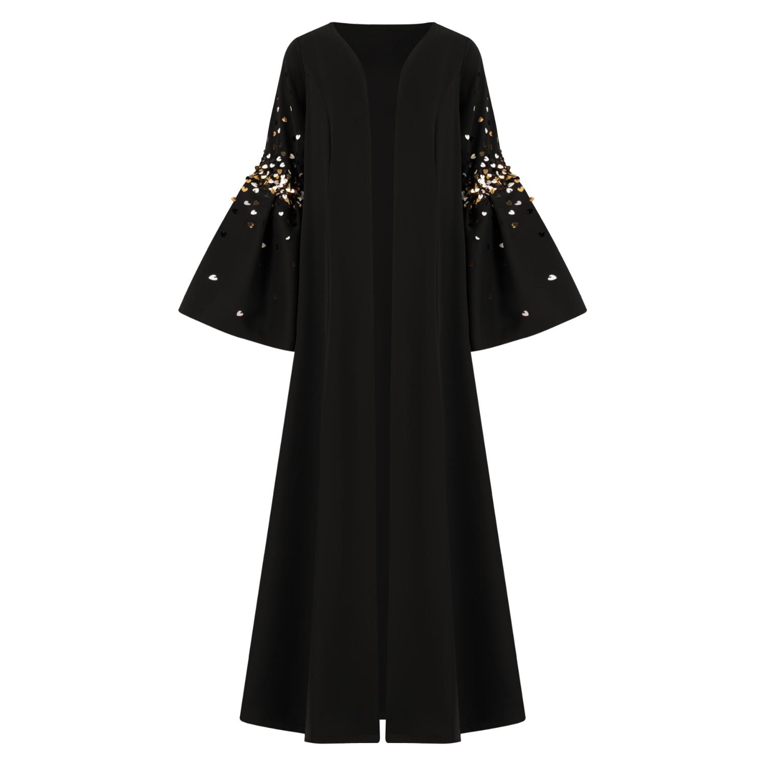 Azzalia Women's Black Crepe Abaya With Puffed Sleeve With Scattered Embroidery In Black