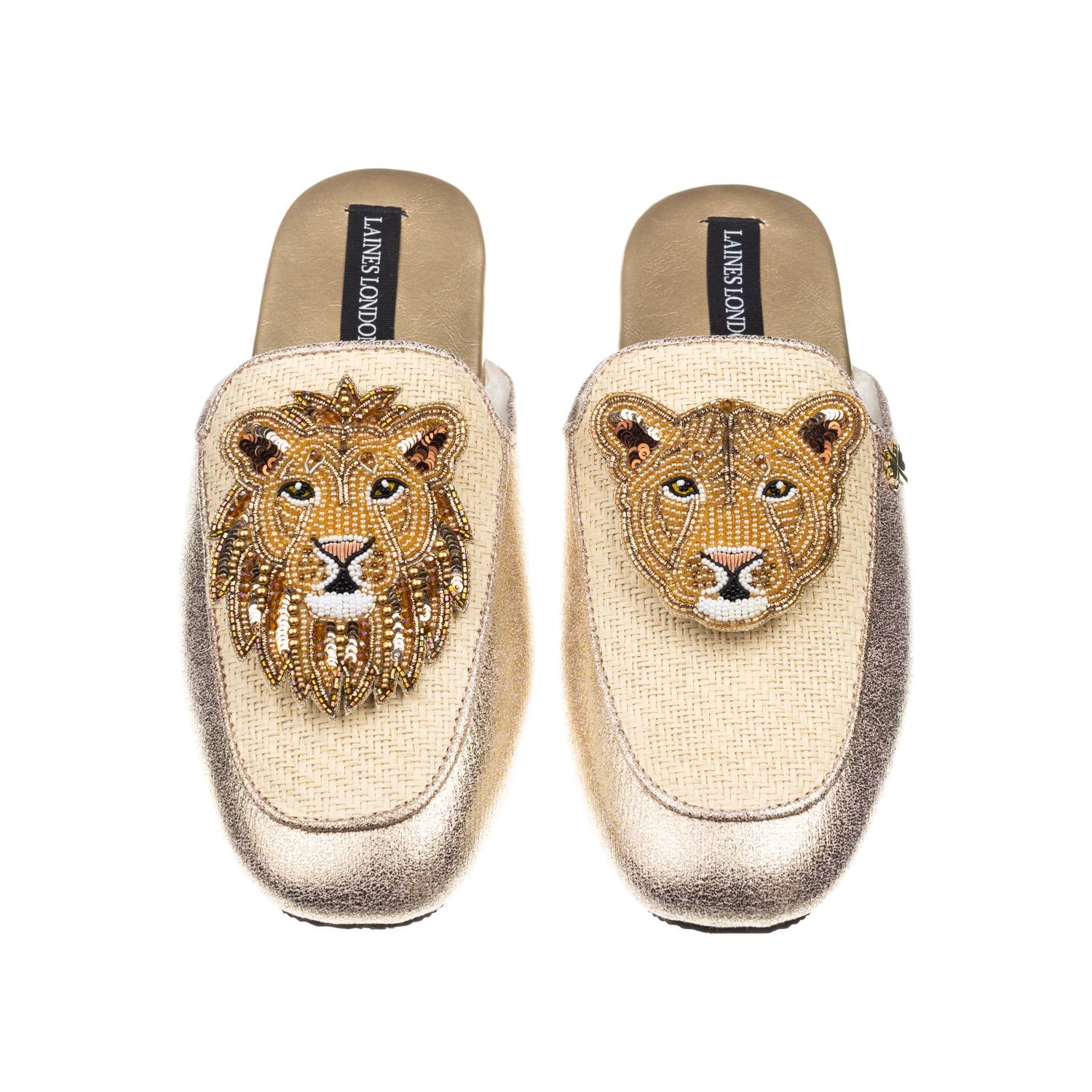 Laines London Women's Gold / Neutrals Classic Mules With With Lion & Lioness Brooches - Cream & Gold In Gold
