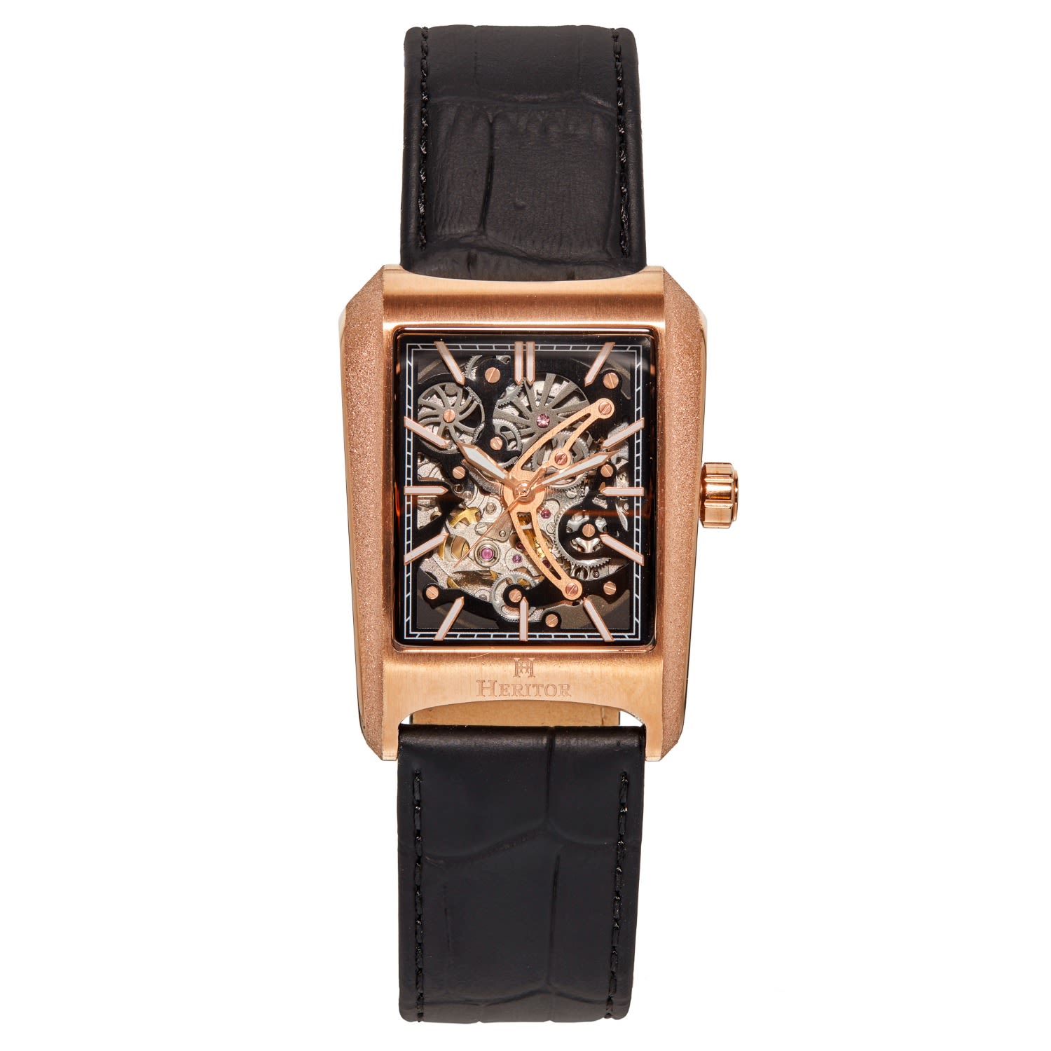 Men’s Black / Rose Gold Wyatt Leather-Band Skeleton Watch - Black, Rose Gold Heritor Automatic