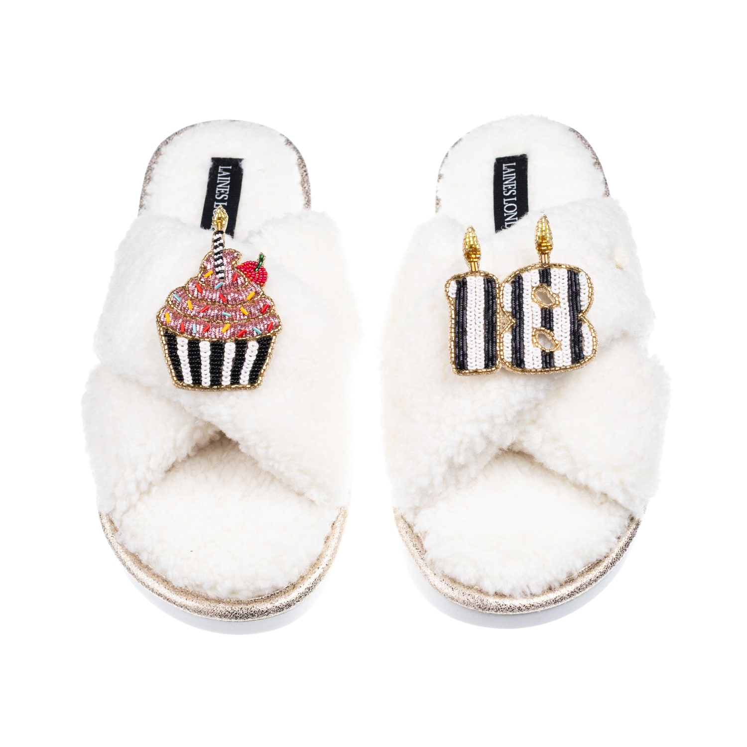 Laines London Women's Neutrals / White Laines Neutral Boucle Slippers With Stripe 18th Birthday & Cake Brooches - 