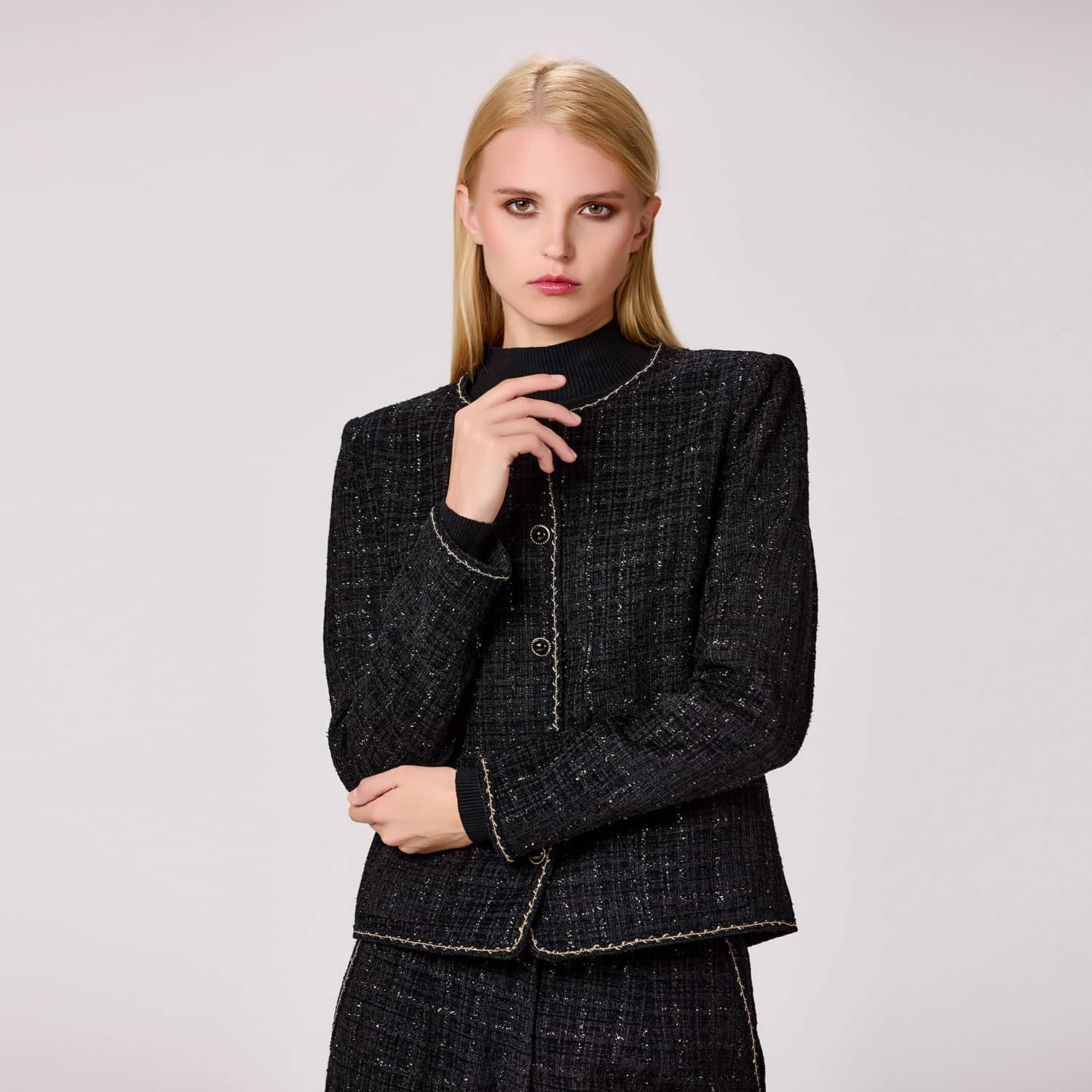 Tweed Round Neck Jacket - Black | Smart and Joy | Wolf & Badger
