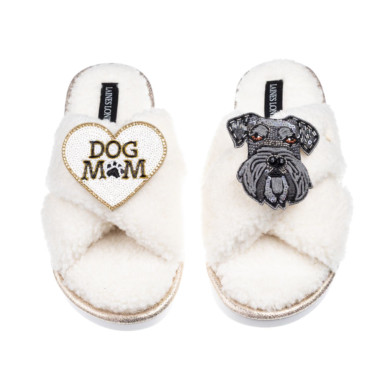 Laines London Women's Neutrals / White Laines Neutral Boucle Slippers With Ernie The Schnauzer & Dog Mum / Mom Bro