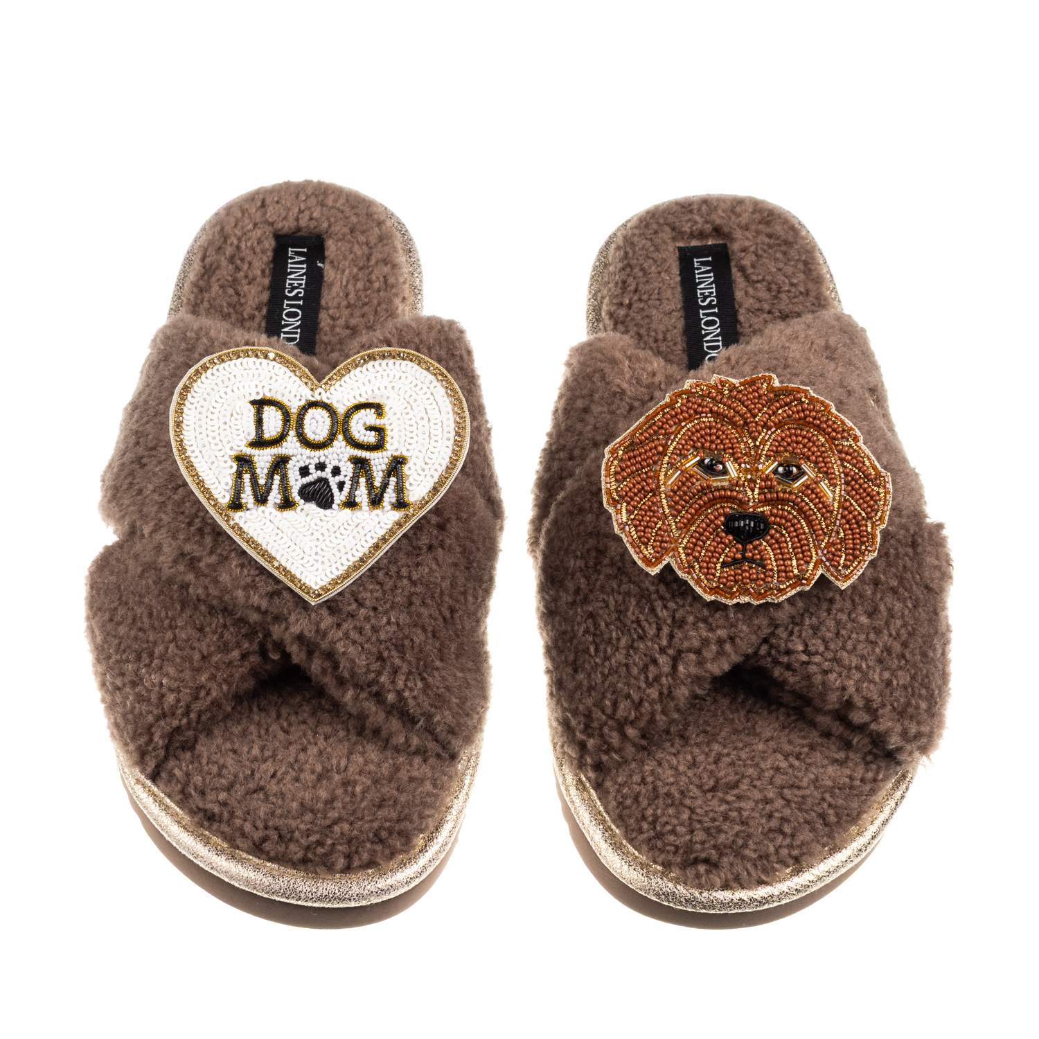 Laines London Women's Brown / Neutrals Boucle Slippers With Dog Mum/mom & Apricot Cockapoo Brooches - Mink In Brown
