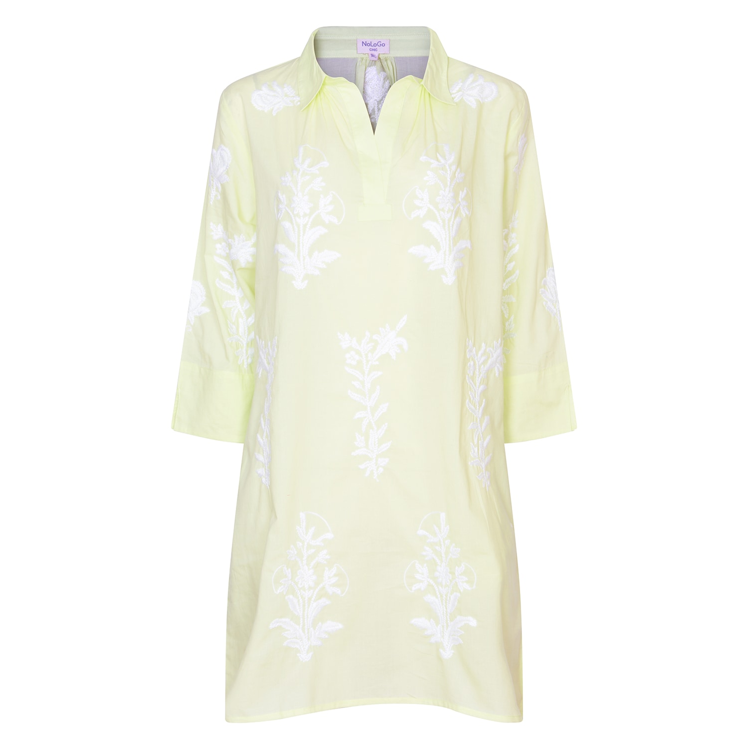 Nologo-chic Women's Green Short Tourist Dress Lime With White Embroidery Cotton