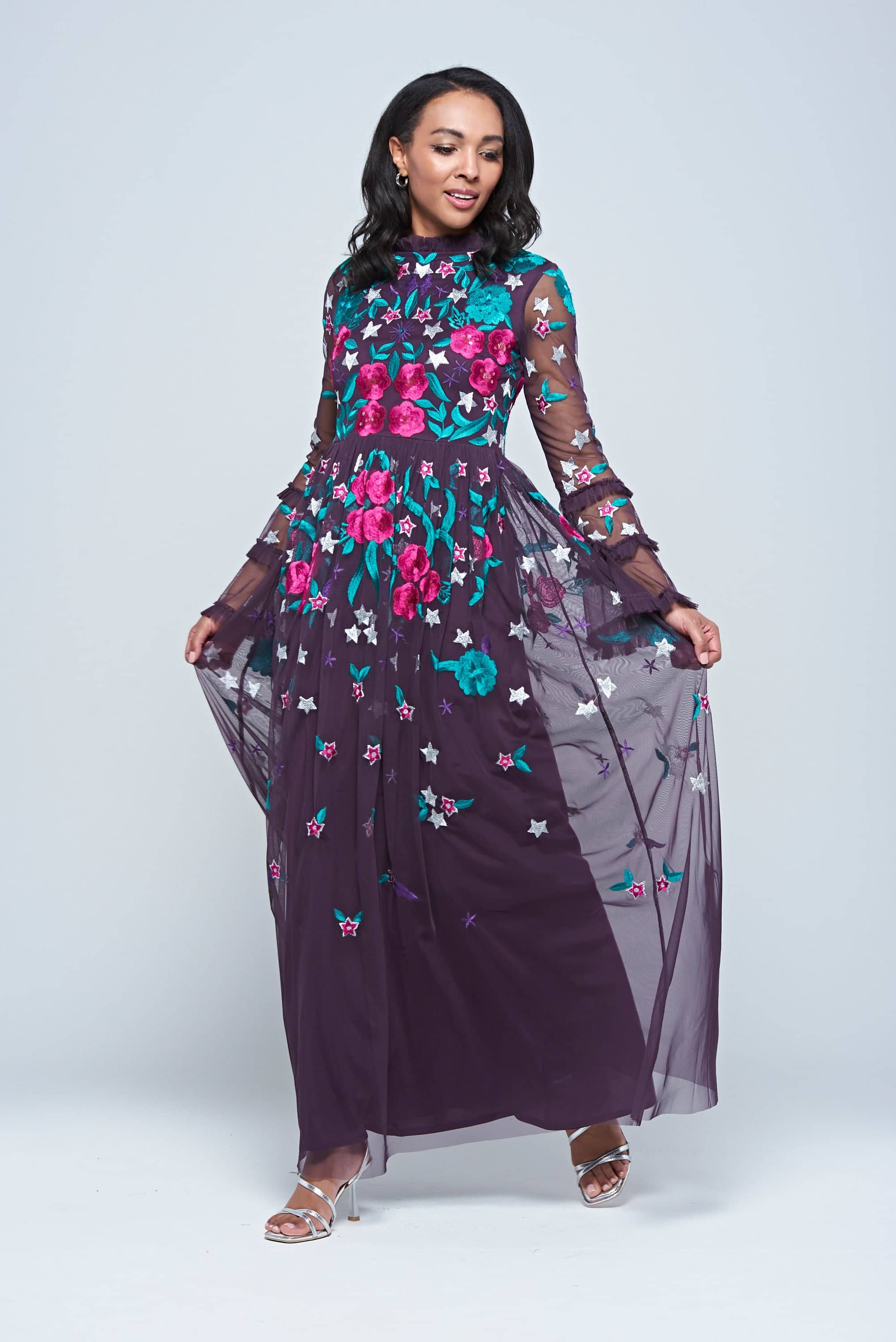 Fenella Purple Floral Embroidered Maxi Dress | Frock and Frill | Wolf &  Badger
