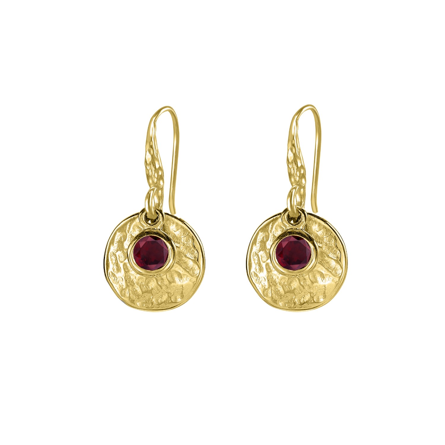 Dower & Hall Women's Gold Hammered Disc & Red Garnet Array Drop Earrings In Vermeil In Gold