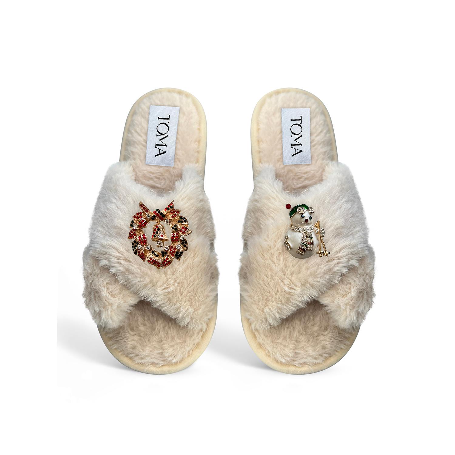 Toma Women's Neutrals Classic  Faux Fur Open Toe Sky Snowman Beige Slippers In Neutral