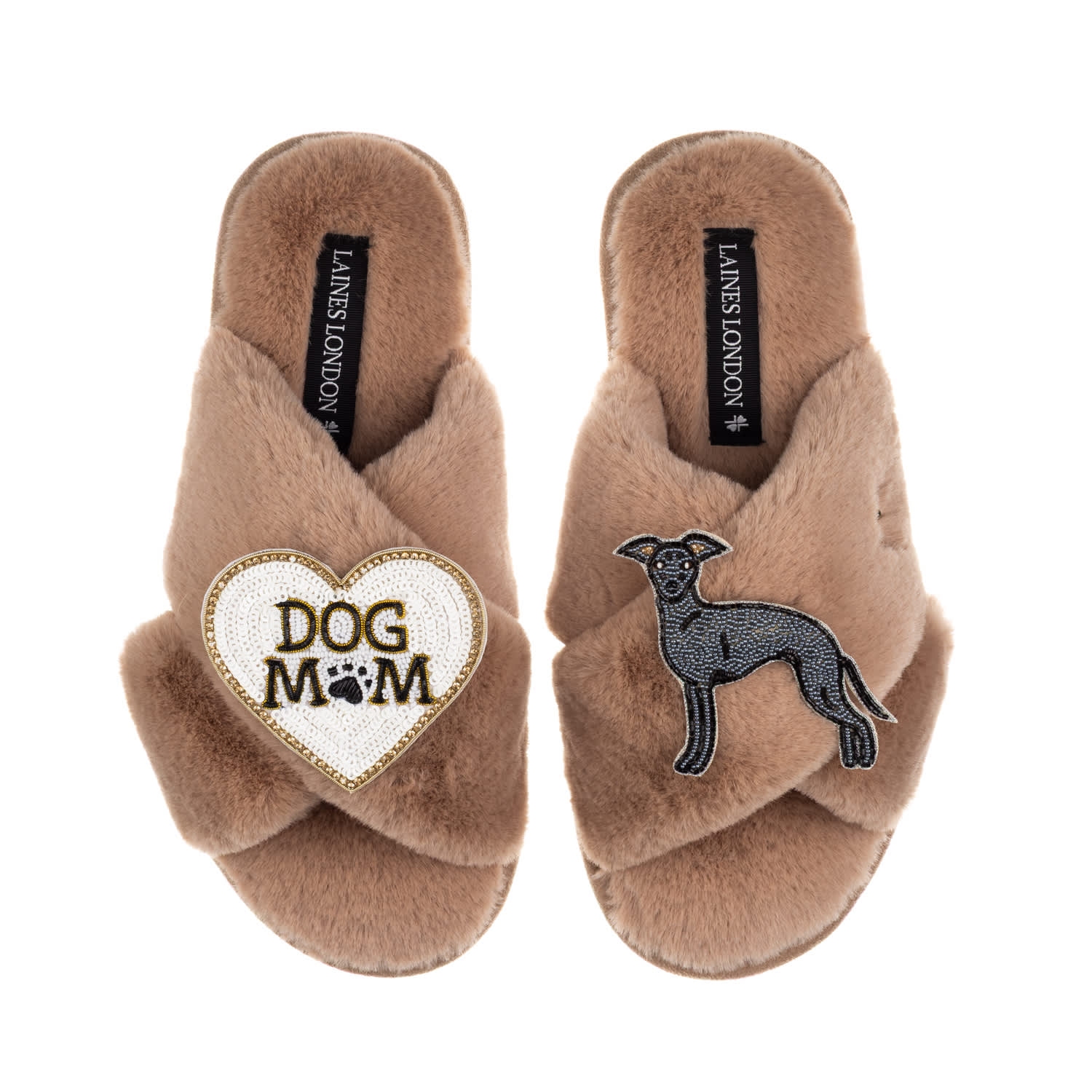 Laines London Women's Brown / Neutrals Classic Laines Slippers With Dog Mum/mom & Blue Italian Greyhound Brooches 
