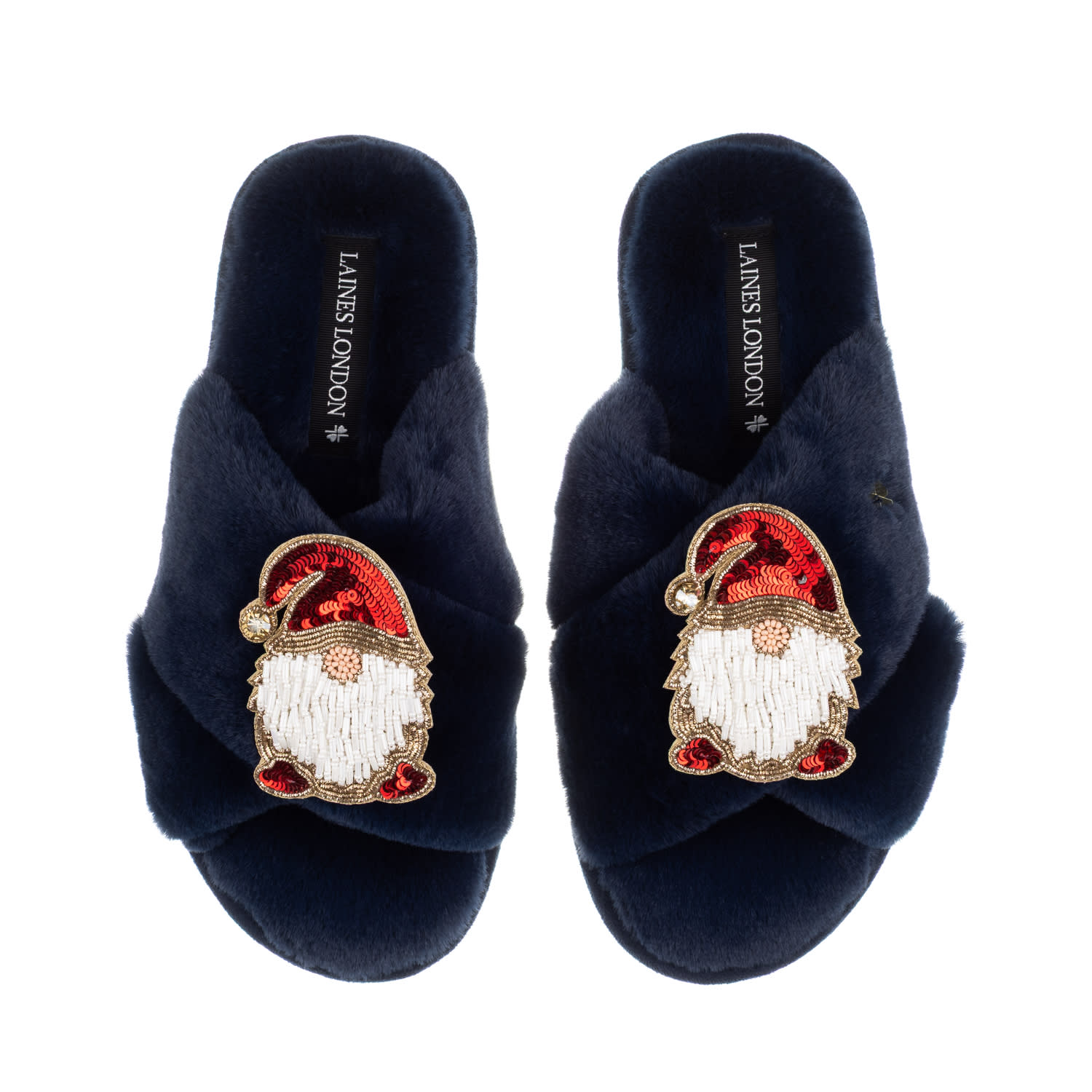 Laines London Women's Blue Classic Laines Christmas Collection Slippers With Double Red Gonk Brooches - Navy In Blue