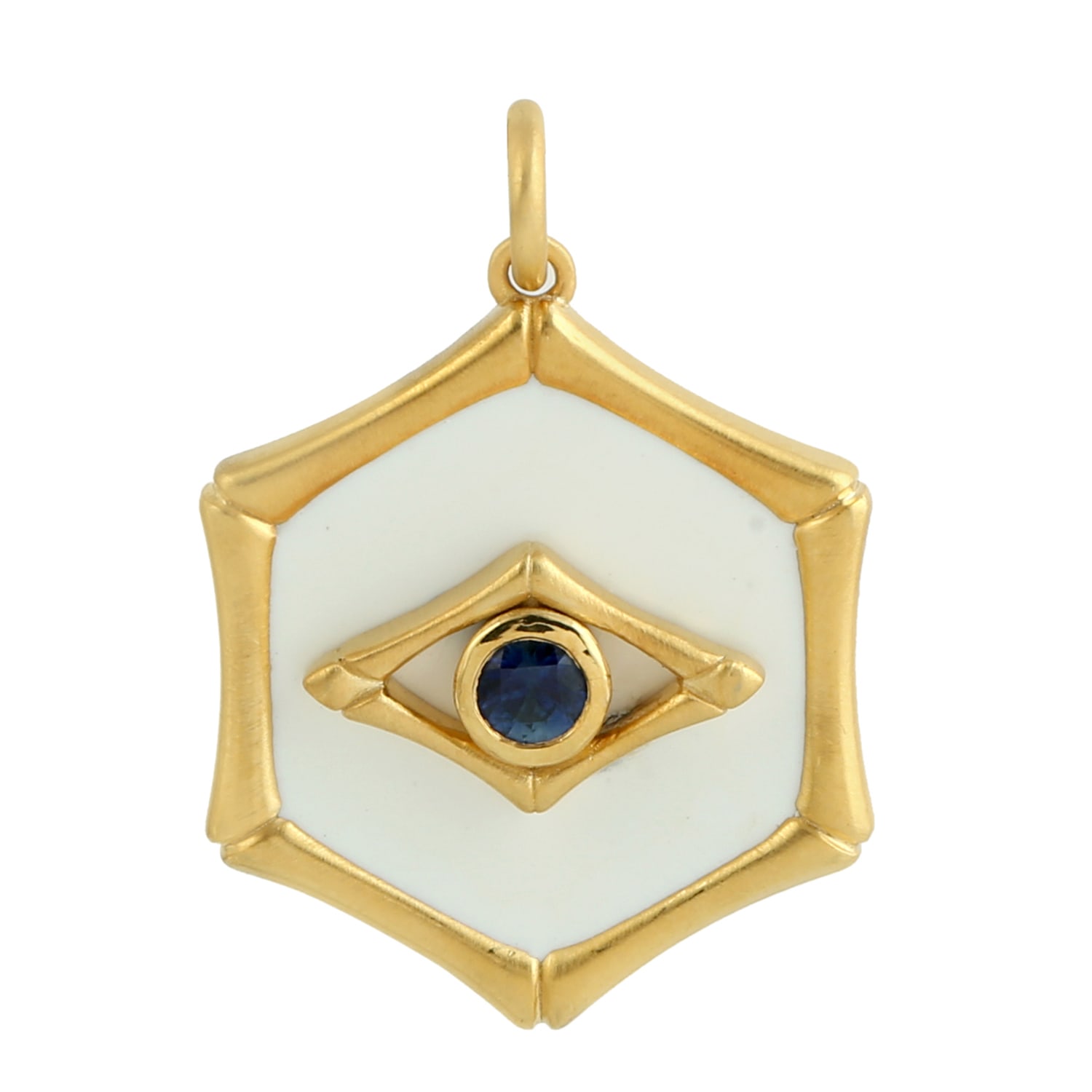 Women’s White / Blue / Gold 14K Gold & Blue Sapphire Enamel Spirit Evil Eye Hexagon Shape Charm Pendant Artisan