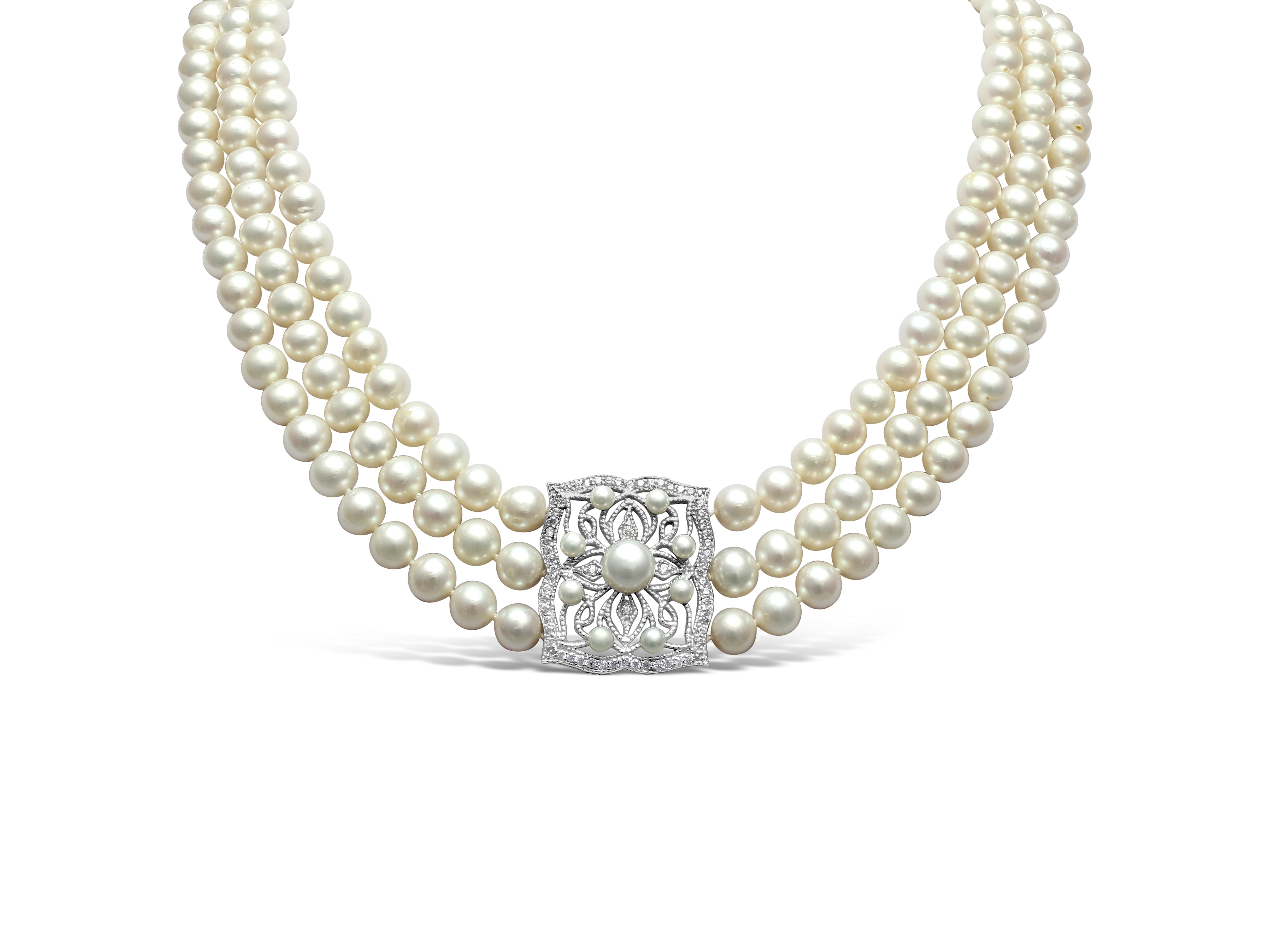 Women’s White Stella Triple Strand Cultured Freshwater Pearl Necklace With Vintage Style Pave Feature With Pearls Pearls of the Orient Online