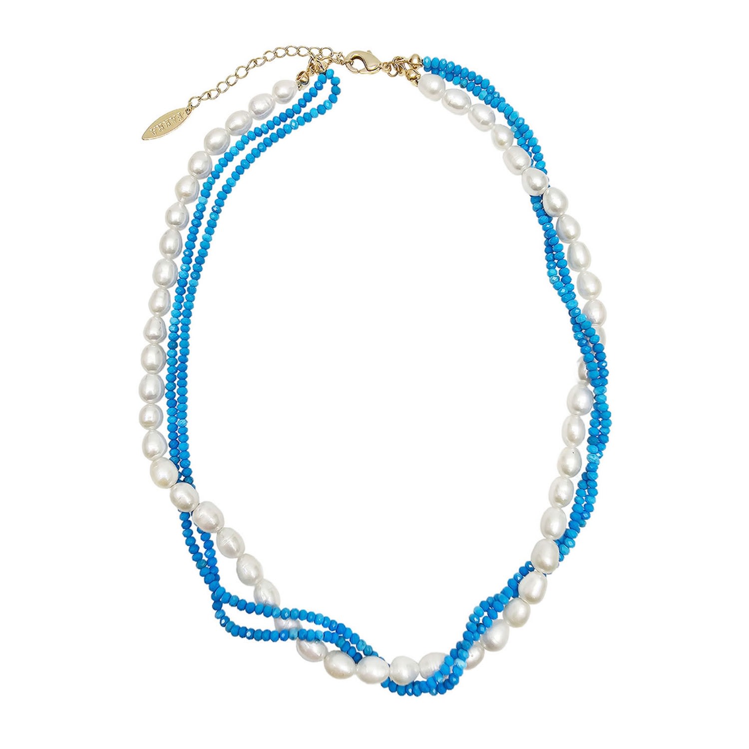 Farra Women's White Freshwater Pearls With Blue Turquoise Twisted Necklace