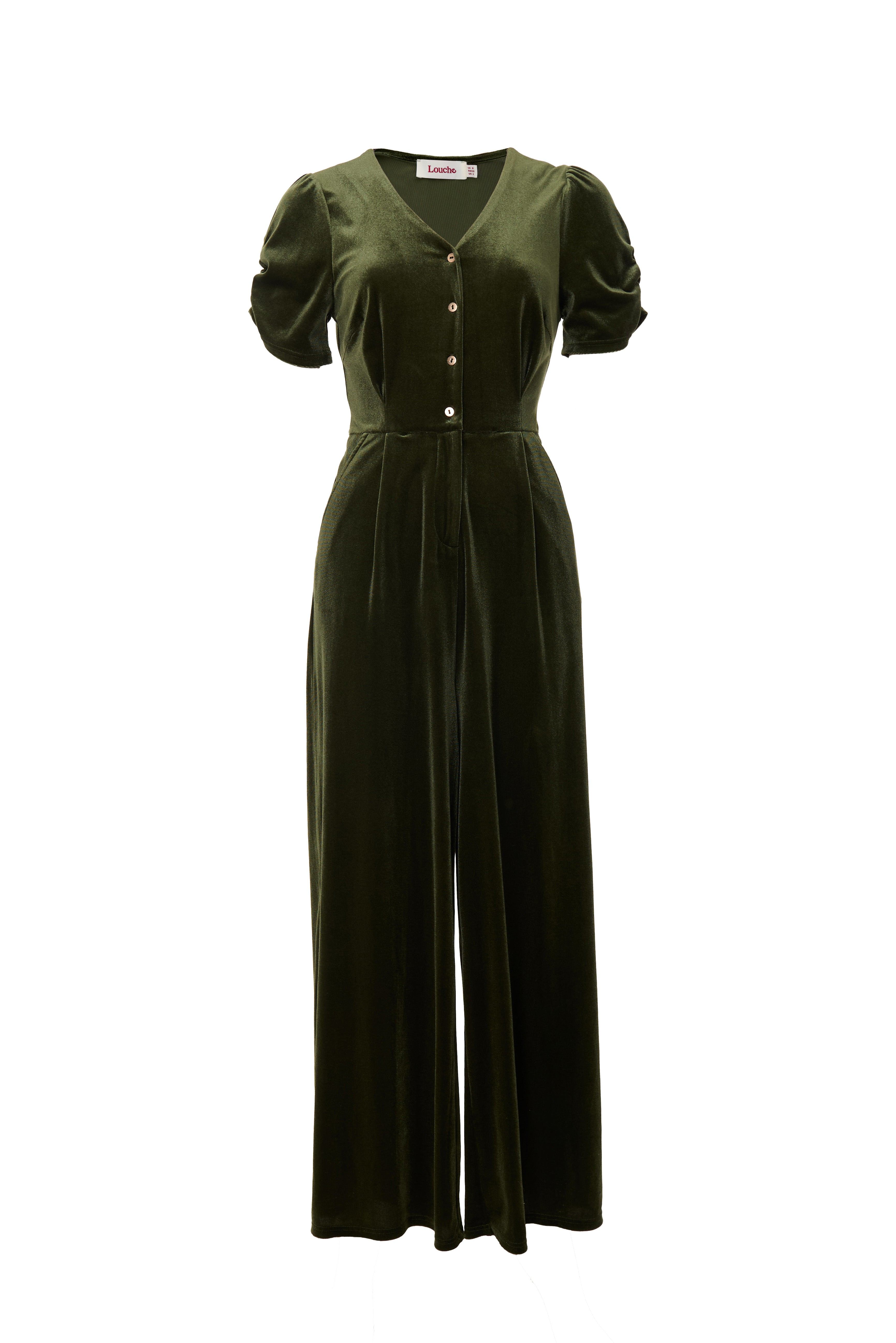 Louche Women's Green Lyes Velvet Short Sleeved Jumpsuit - Sage In Green