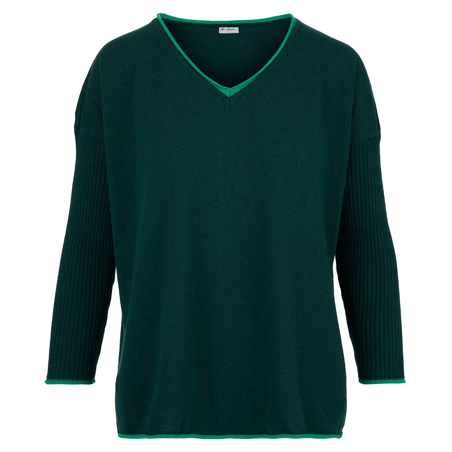 Cashmere Mix Sweater In Forest Green With Green V-Neck by At Last...