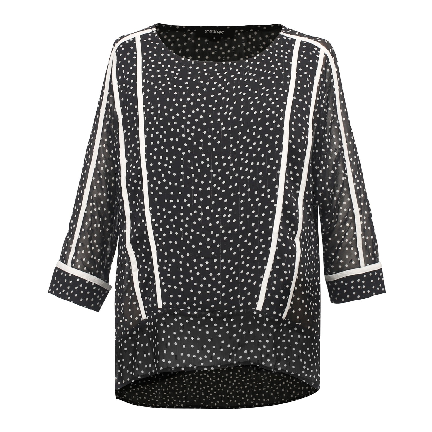 Smart And Joy Women's Black Polka Dots White Trim Chiffon Blouse In Black
