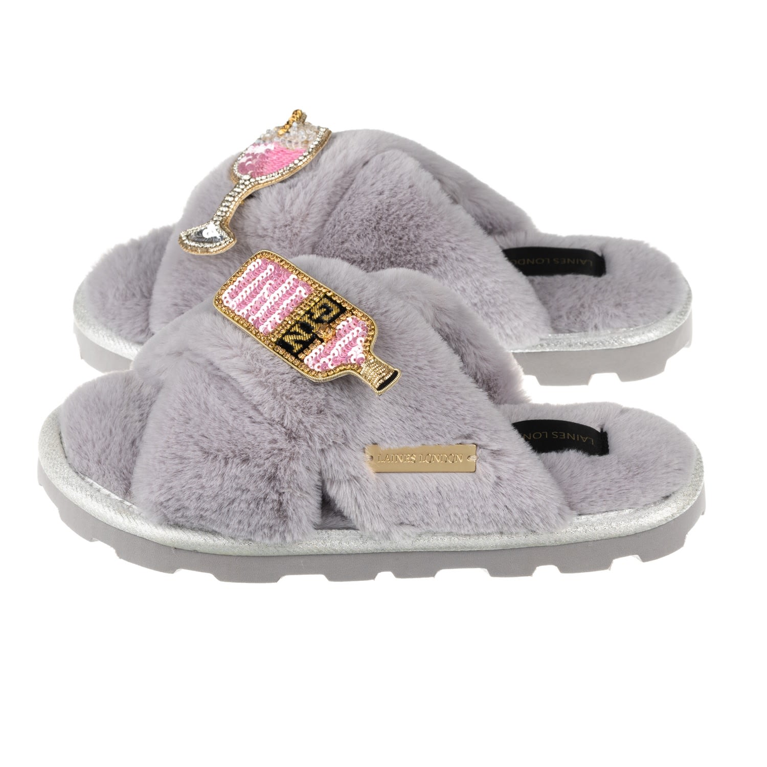 Women’s Ultralight Chic Laines Slipper Sliders With Pink Gin Brooches - Grey Large Laines London