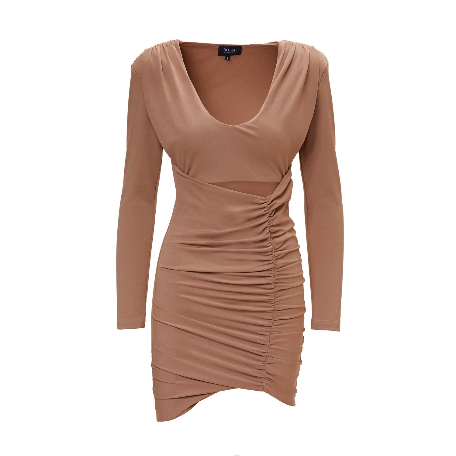 Bluzat Women's Neutrals Camel Mini Dress With Draped Shoulders And Cut-out In Beige