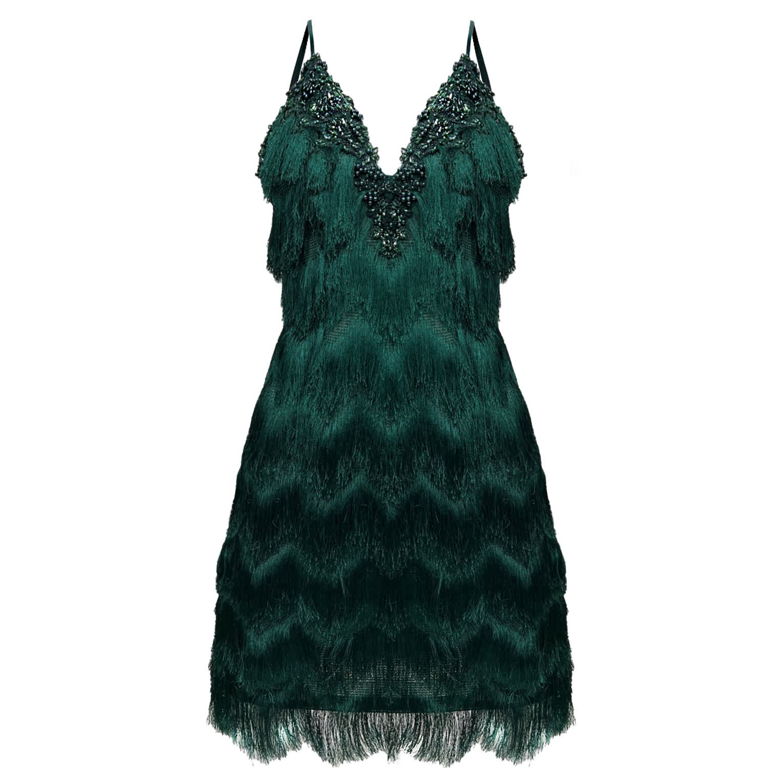 h&m green fringe dress Green String Him Along Fringe Dress | XS | Tiered Fringe Dress with Side Cut-Outs