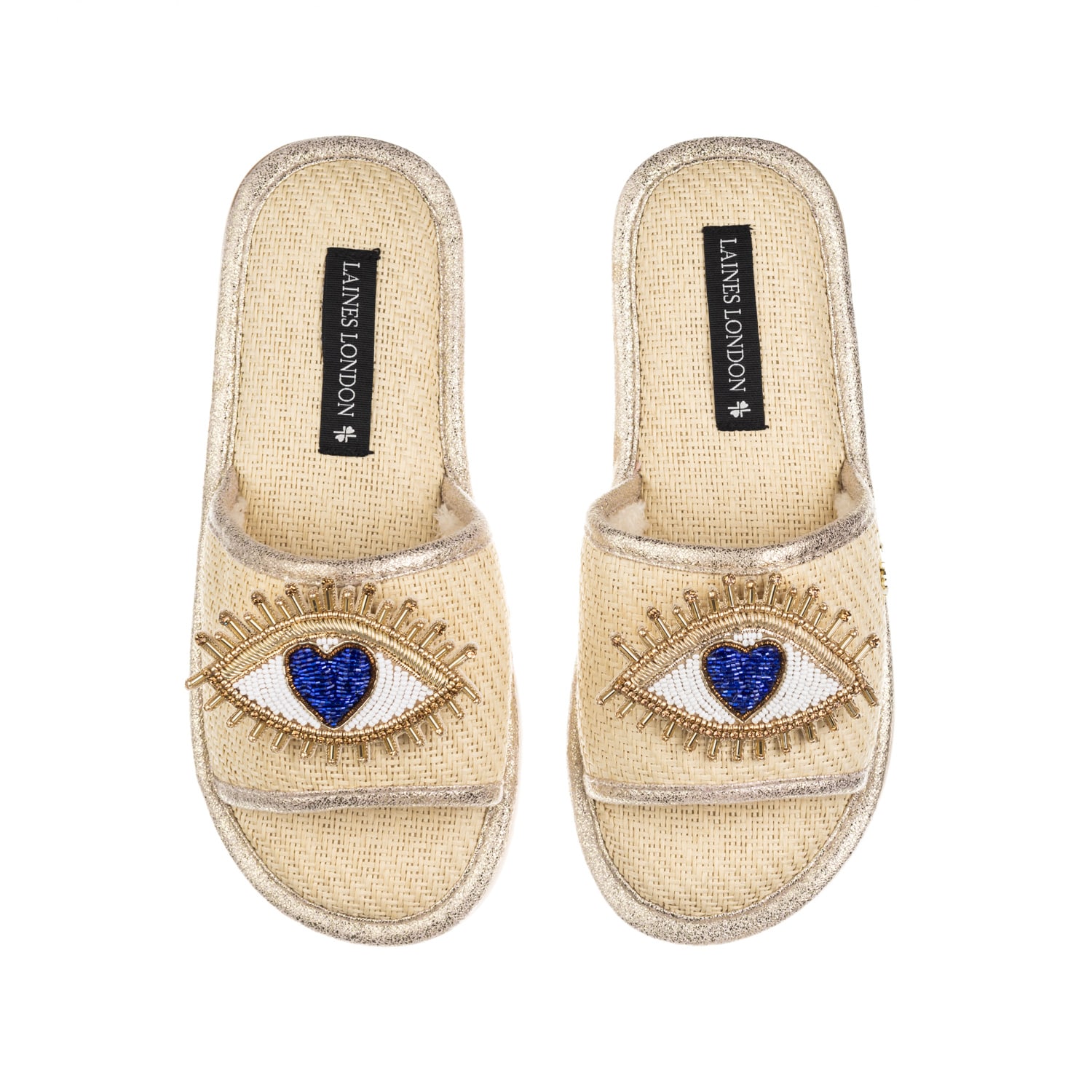 Laines London Women's White / Neutrals Straw Braided Sandals With Double Blue Love Eye Brooches - Cream In White