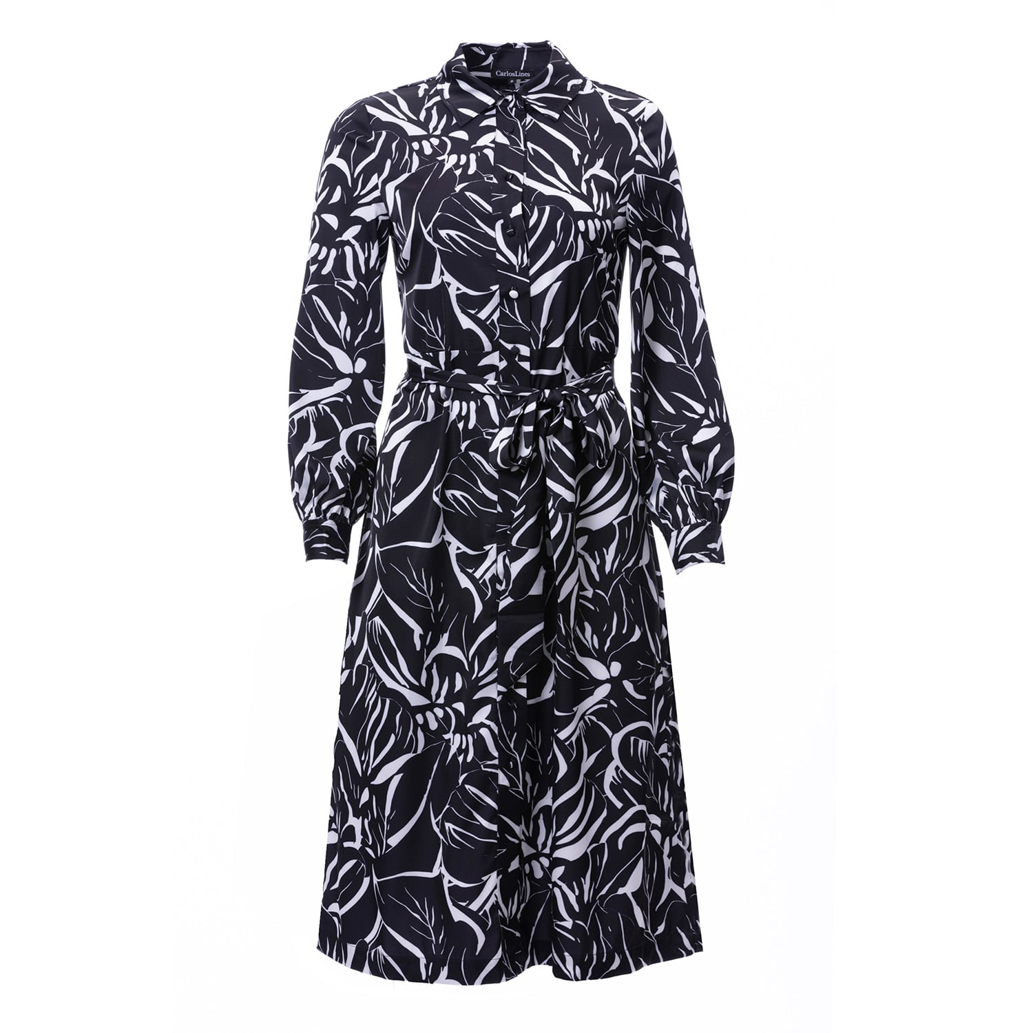 Carloslines Women's Black Button Down Long Sleeve Shirt Dress In Contrasted Leaves Print